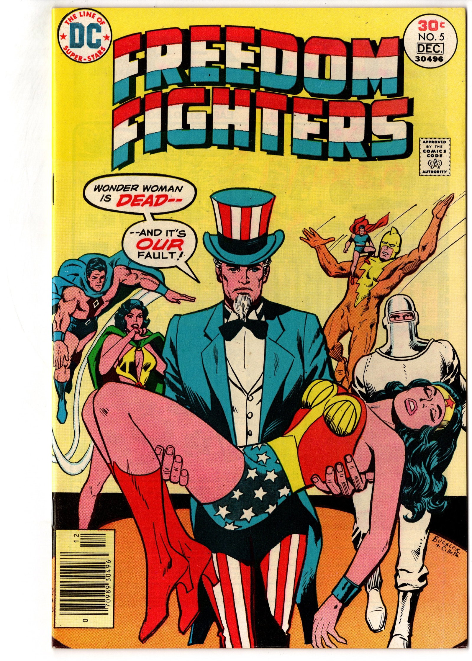Freedom Fighters #5 (1976) DC Wonder Woman Cover: Freedom Fighters #5 (1976) featuring a dramatic Wonder Woman-related cover appearance alongside Uncle Sam and the Freedom Fighters. This Bronze Age DC issue features bold patriotic imagery and