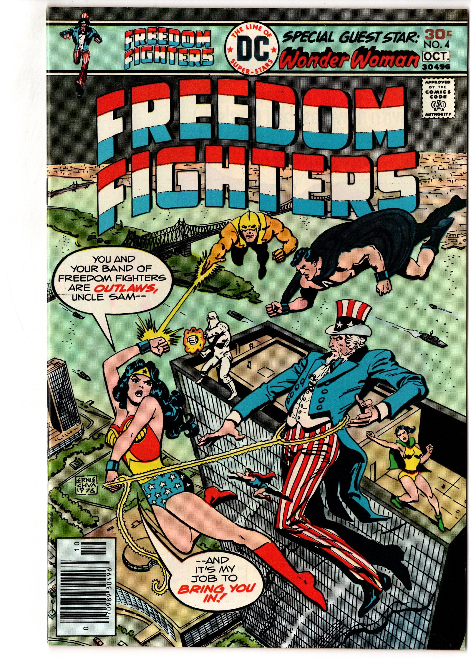 Freedom Fighters #4 (1976) Wonder Woman Guest: Freedom Fighters #4 (1976) featuring special guest star Wonder Woman alongside Uncle Sam and the Freedom Fighters. This Bronze Age DC issue features classic patriotic superhero action with memorable