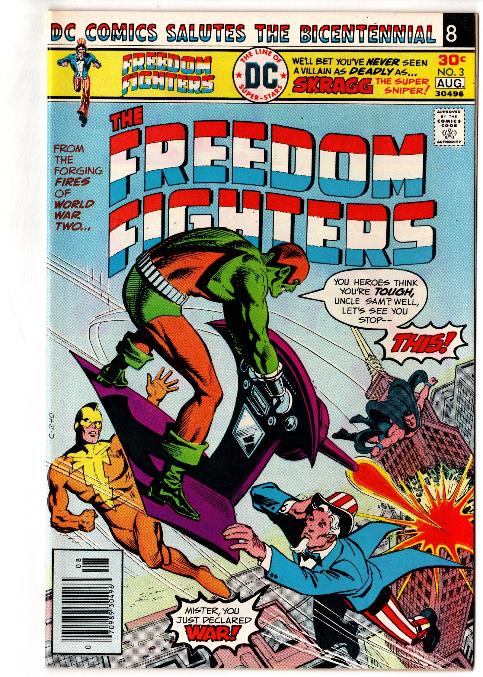 Freedom Fighters #3 (1976) DC Bronze Age: Freedom Fighters #3 (1976) featuring Uncle Sam and the Freedom Fighters battling the deadly Skragg the Super Sniper. This Bronze Age DC team title remains a favorite among collectors for its