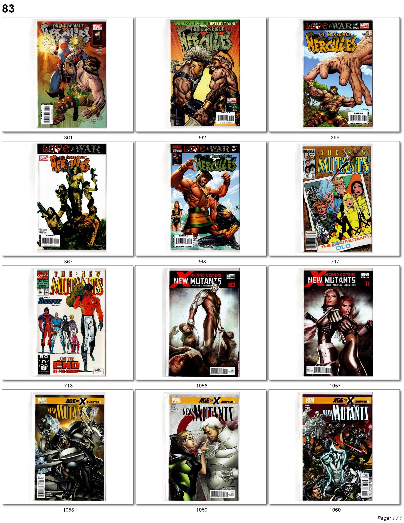 New Mutants & Hercules Comic Lot: Marvel comic book lot featuring New Mutants, Incredible Hercules, and modern X-Men era storylines. Includes visible issues from The Incredible Hercules including the ?Love & War? storyline, multiple
