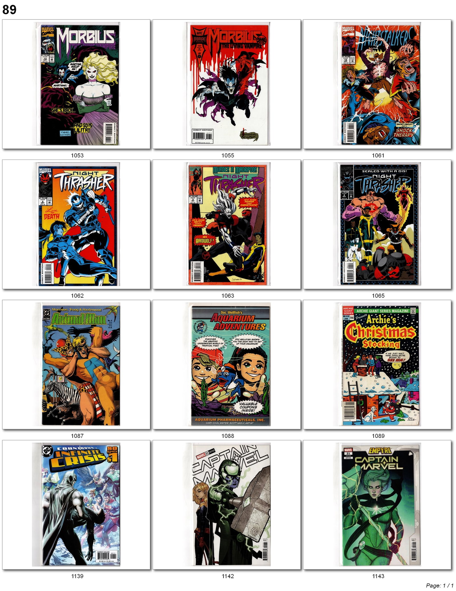 Morbius & Night Thrasher Comic Lot: Marvel and indie comic book lot featuring Morbius, Night Thrasher, Captain Marvel, and assorted modern and vintage comics. Includes visible issues and titles such as Morbius: The Living Vampire,