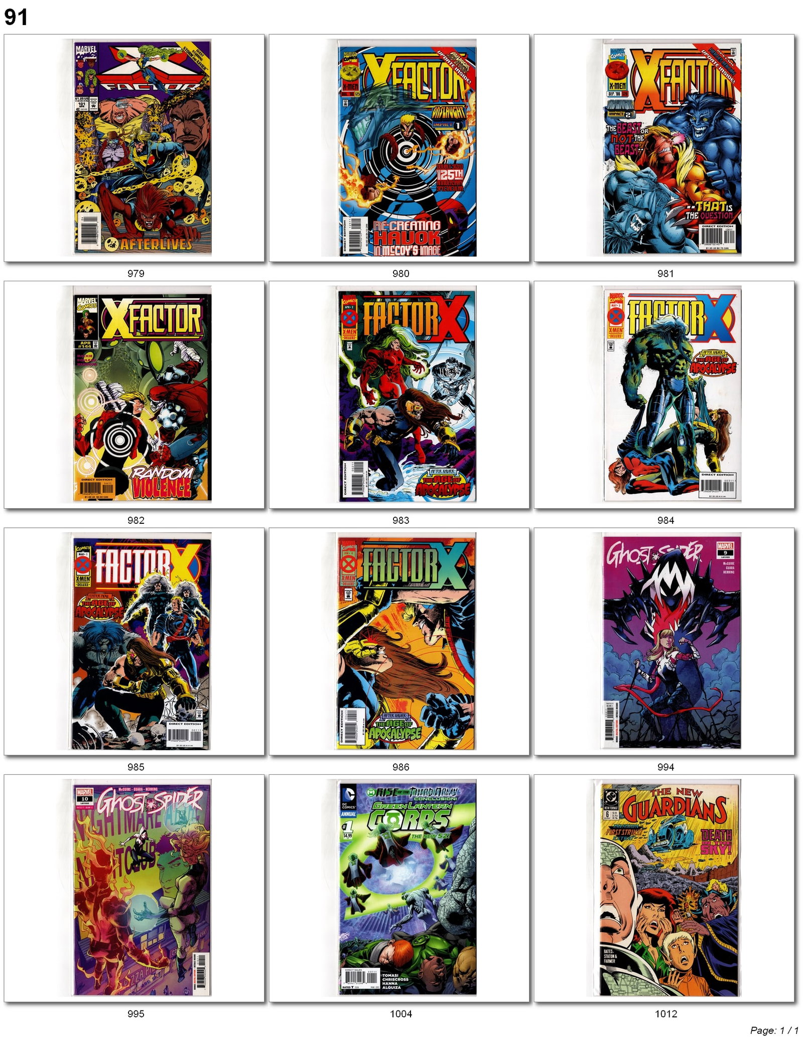 X-Factor & Ghost Rider Comic Lot: Marvel mutant and supernatural comic lot featuring X-Factor, Factor X, Ghost Rider, Guardians, and Green Lantern Corps. Large concentration of X-Factor and Age of Apocalypse-era comics including