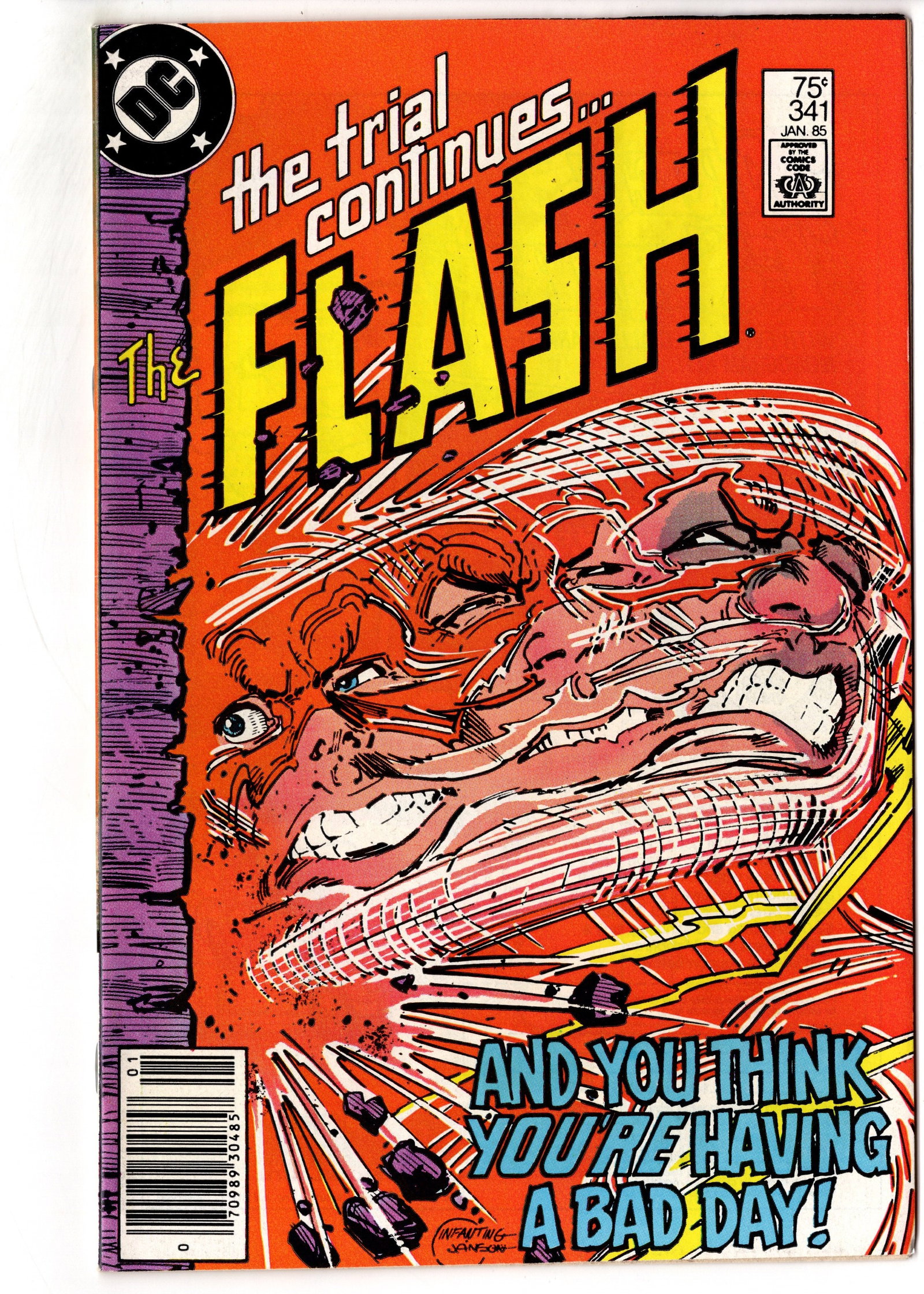 The Flash #341 (1985) DC Trial of the Flash: The Flash #338 (1984) featuring the Scarlet Speedster pursued by one of his deadliest foes in a classic Bronze Age DC adventure. This issue showcases the bold, clean visual style associated with