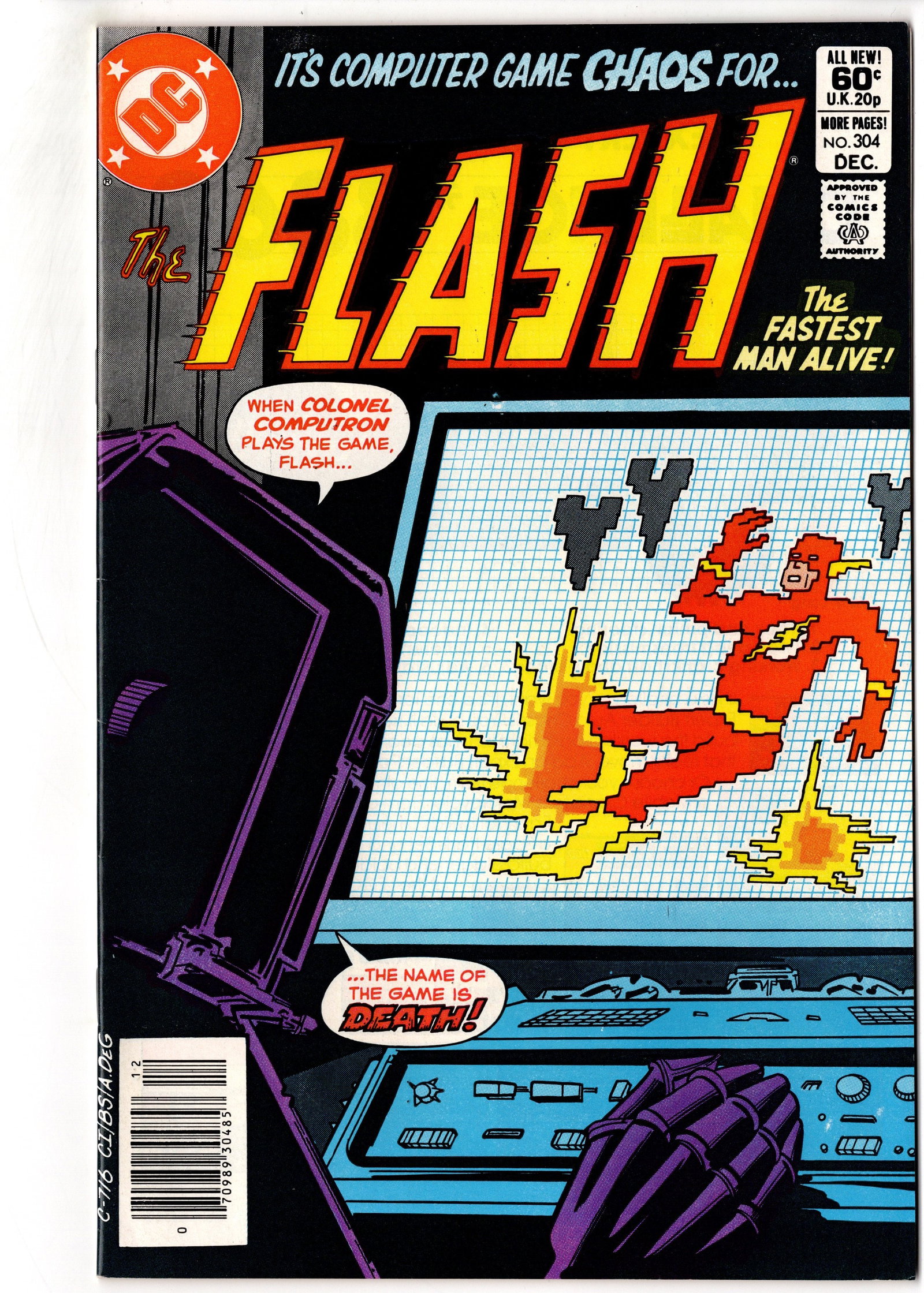 The Flash #304 (1982) Computron Cover: The Flash #304 (1982) featuring Colonel Computron and a memorable retro computer-game themed cover. This issue stands out among early-1980s Flash books due to its distinctive arcade/computer-inspired