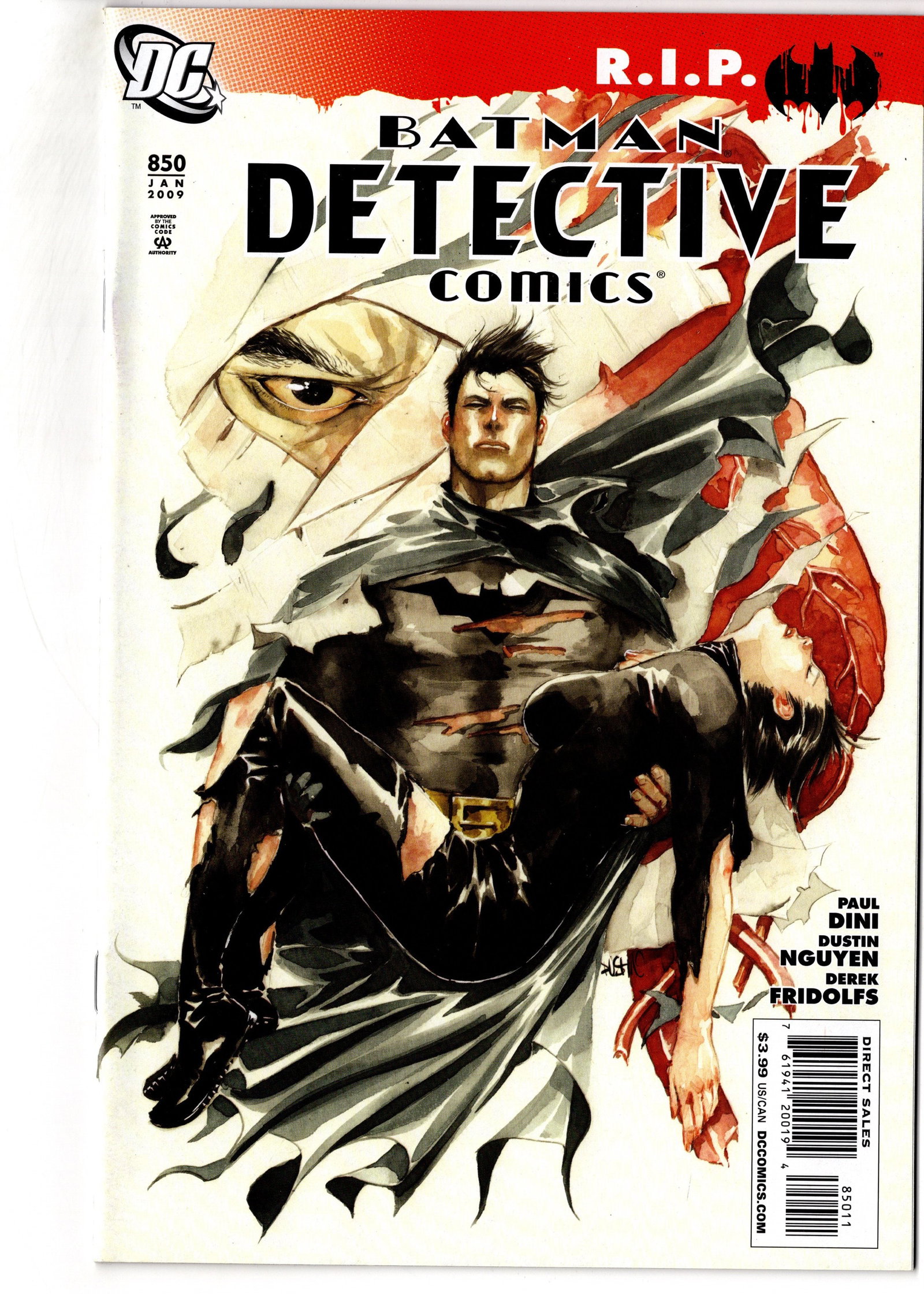 Detective Comics #850 (2009) RIP Batman: Detective Comics #850 from the Batman R.I.P. era. Features striking cover artwork by Dustin Nguyen and ties into one of the most discussed Batman story periods of the modern era. A visually