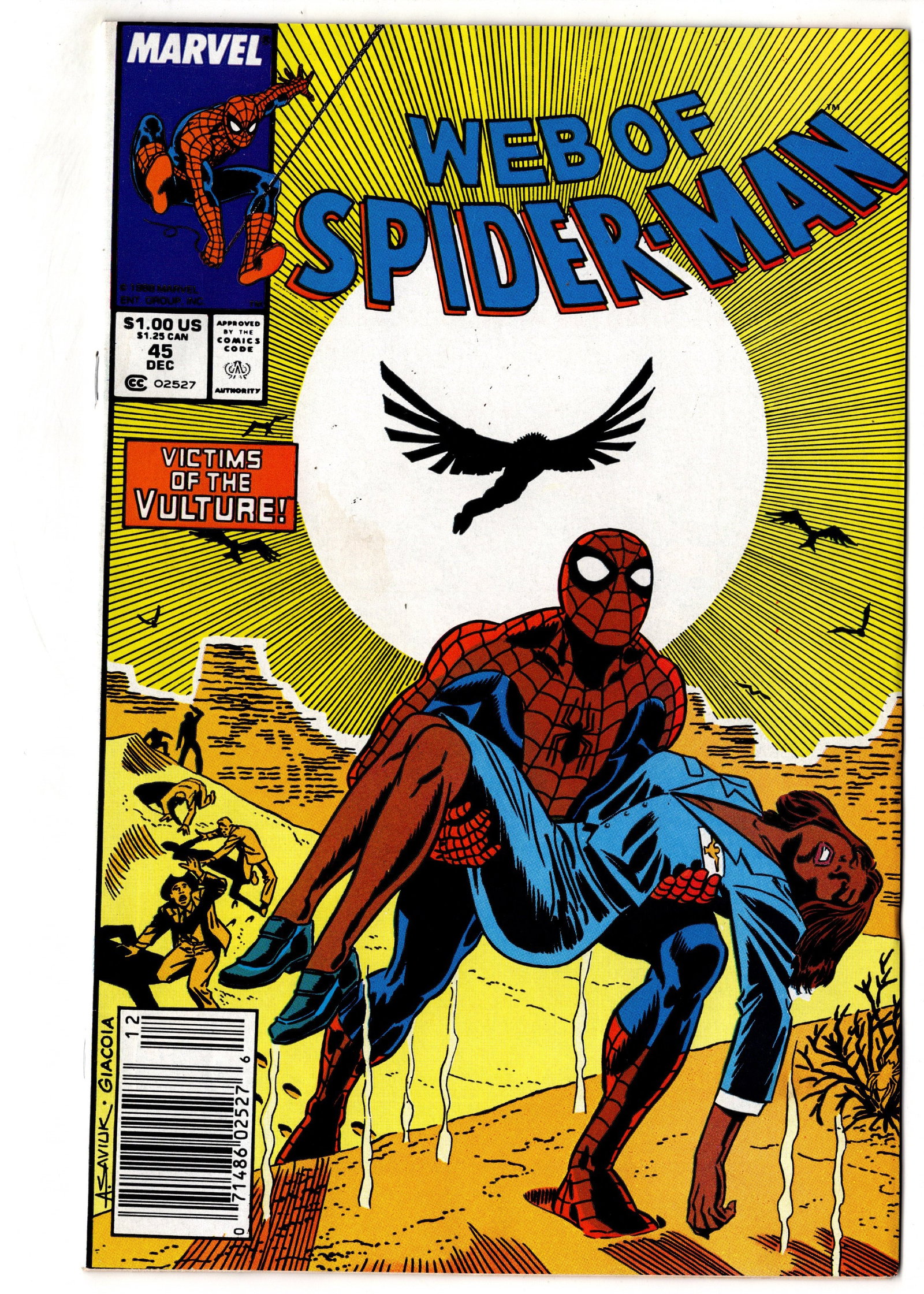 Web of Spider-Man #45 (December 1988) Marvel: Web of Spider-Man #45 (1988) featuring Spider-Man and the Vulture in "Victims of the Vulture!" Features a memorable cover composition with Spider-Man carrying an unconscious victim beneath the