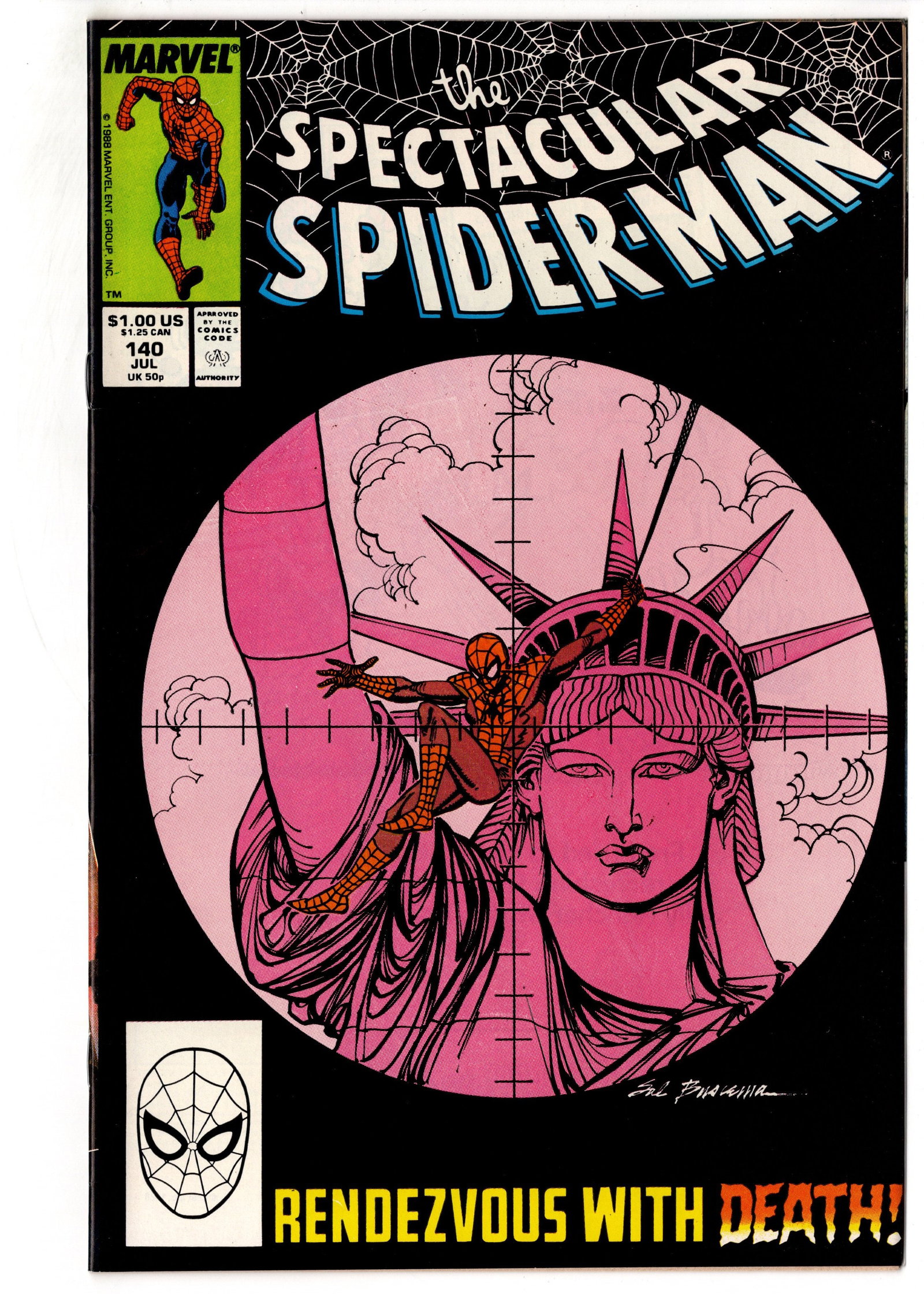 Spectacular Spider-Man #140 (July 1988) Marvel: The Spectacular Spider-Man #140 (1988) featuring the dramatic "Rendezvous With Death!" storyline. This issue features memorable Sal Buscema cover artwork with Spider-Man framed against the Statue of