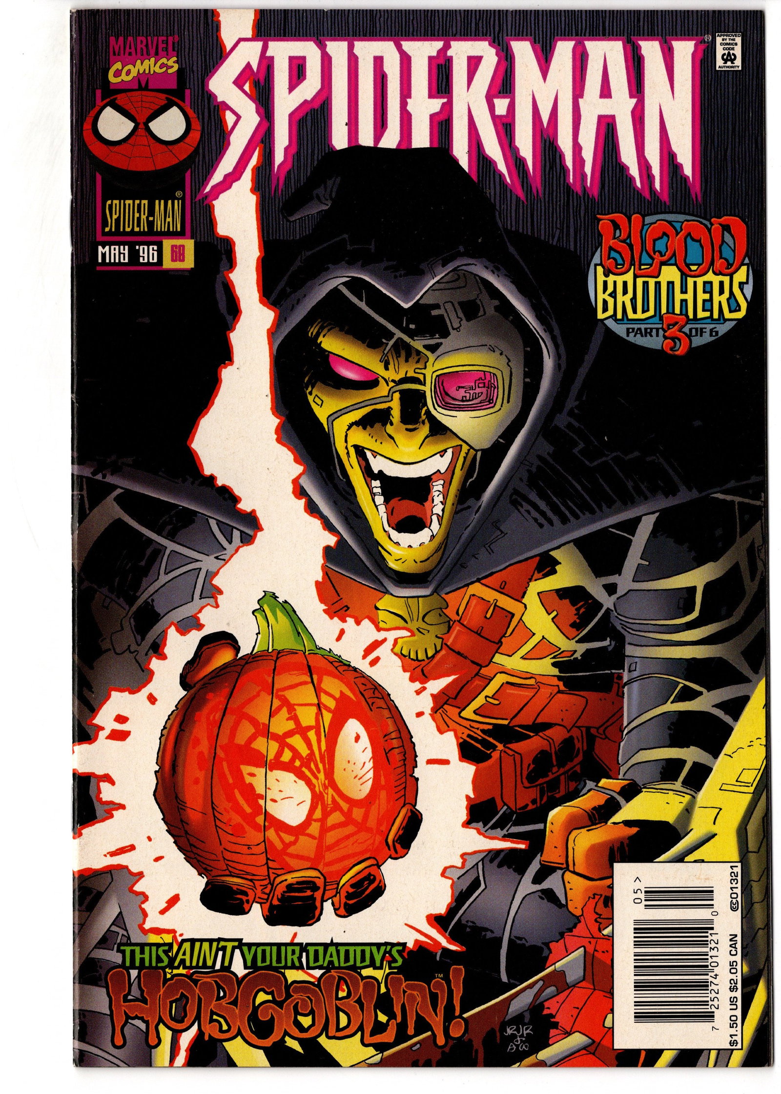 Spider-Man #68 (May 1996) Marvel: Spider-Man #68 (1996), part 3 of the six-part "Blood Brothers" storyline. Features a striking cover by John Romita Jr. showcasing a sinister Hobgoblin-themed threat during the Clone Saga era. An