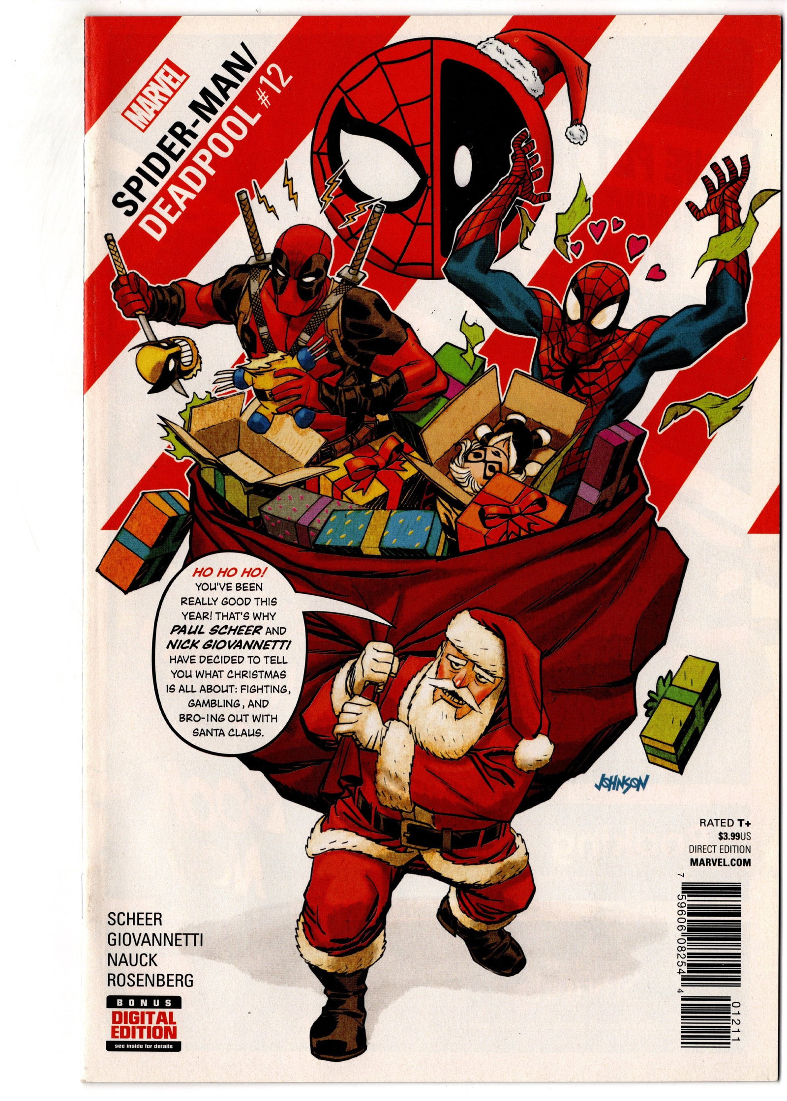 Spider-Man/Deadpool #12 Christmas Variant: Spider-Man/Deadpool #12 featuring a humorous Christmas-themed cover starring Spider-Man, Deadpool, and Santa Claus. The popular Spider-Man/Deadpool series combines Marvels two wisecracking heroes in