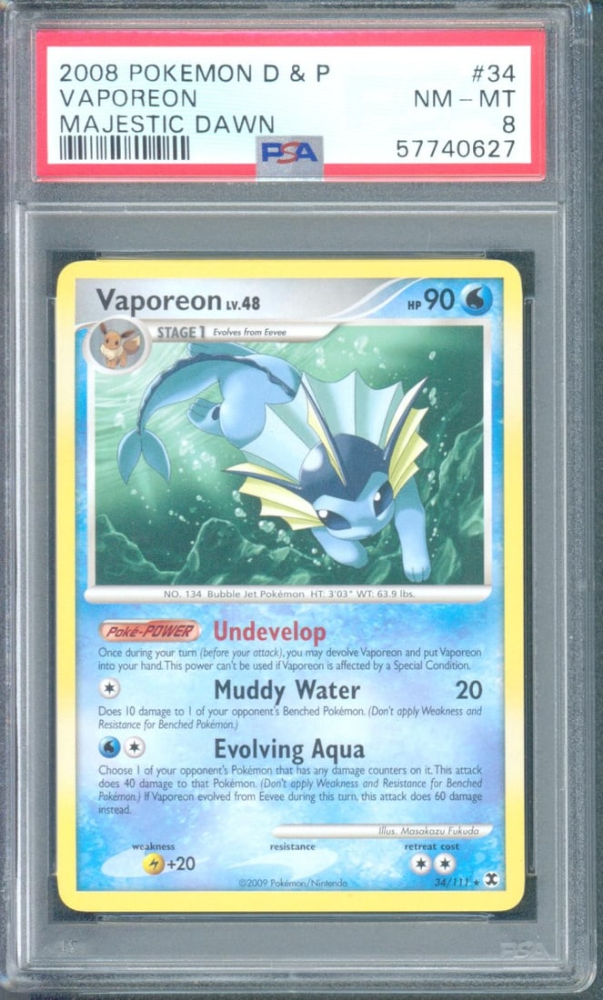 Vaporeon #34 (Rising Rivals, 2009) PSA 8: Vaporeon #34 from Pokémon Platinum: Rising Rivals is a desirable Eeveelution card from the late Diamond and Pearl era, a period that continues to gain collector attention as older Pokémon