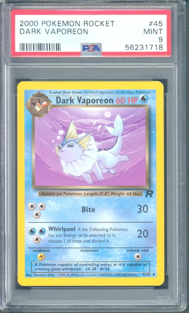 Dark Vaporeon #45 (Team Rocket, 2000) PSA 9: Dark Vaporeon #45 from the 2000 Pokémon Team Rocket set is a popular Wizards of the Coast era Eeveelution card tied to one of the most memorable early Pokémon expansions. Team Rocket