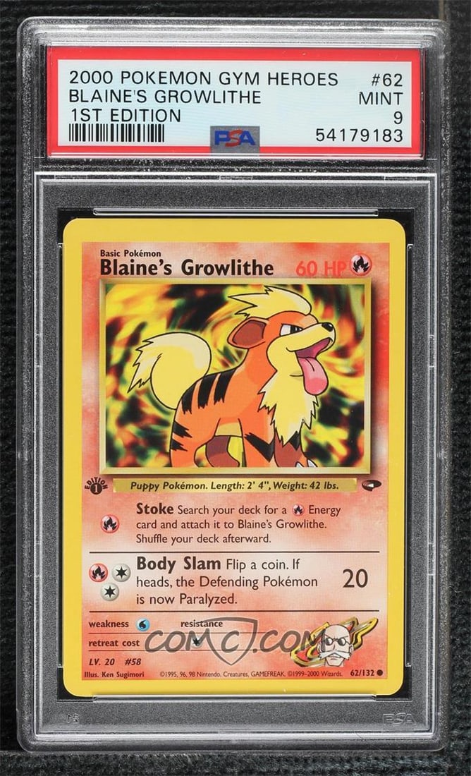 Blaine's Growlithe #62 1st Edition (Pokémon Gym Heroes, 2000) PSA 9: Released in 2000 as part of the Gym Heroes expansion, Blaine's Growlithe #62 is a 1st Edition common Pokémon card featuring the Fire-type partner of Gym Leader Blaine. Illustrated by Ken