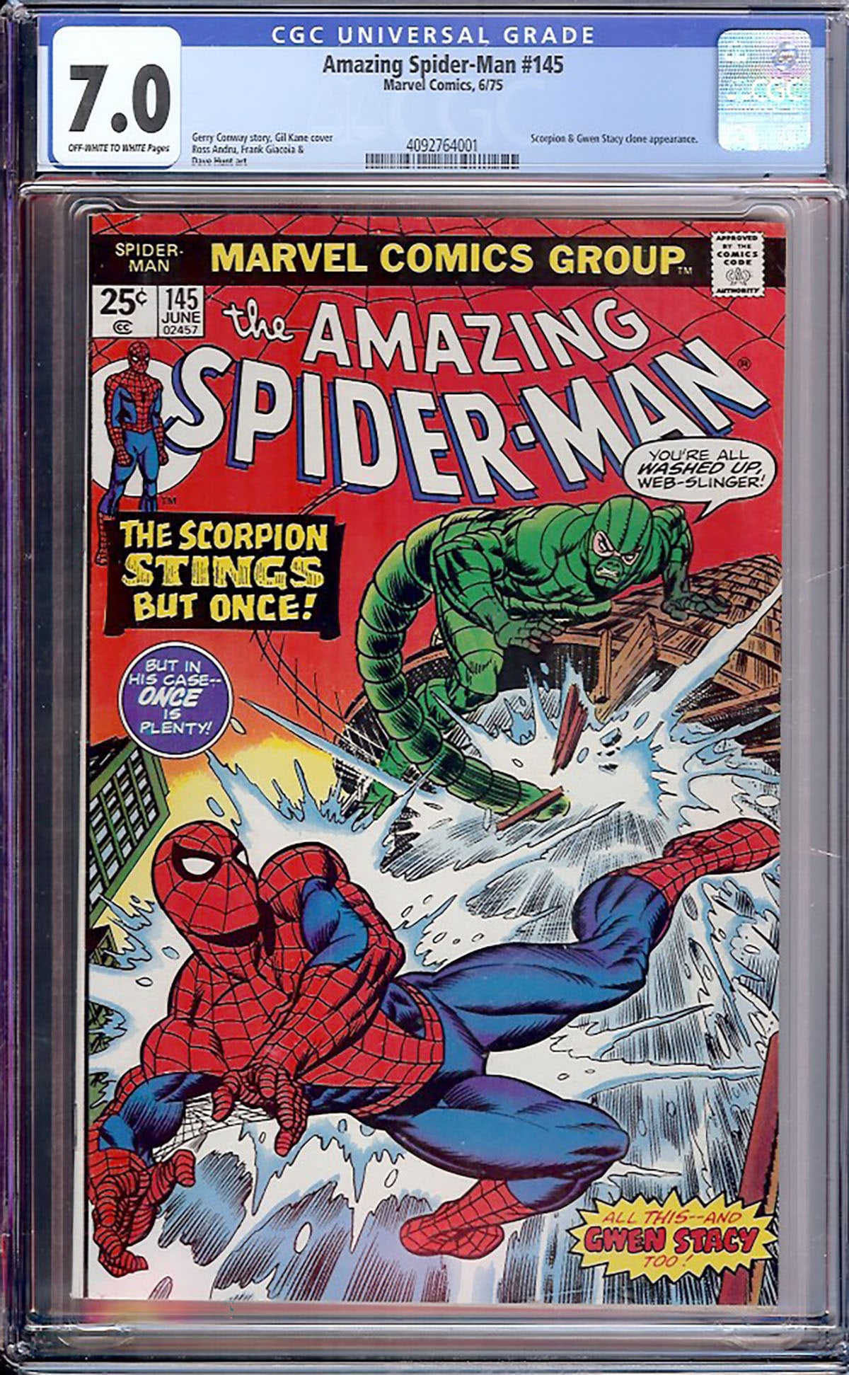 Amazing Spider-Man #145 (Marvel) CGC 7.0: Amazing Spider-Man #145 continues the classic battle between Spider-Man and the Scorpion while featuring another appearance of Gwen Stacy in flashback. Gerry Conway and Ross Andru continue one of the