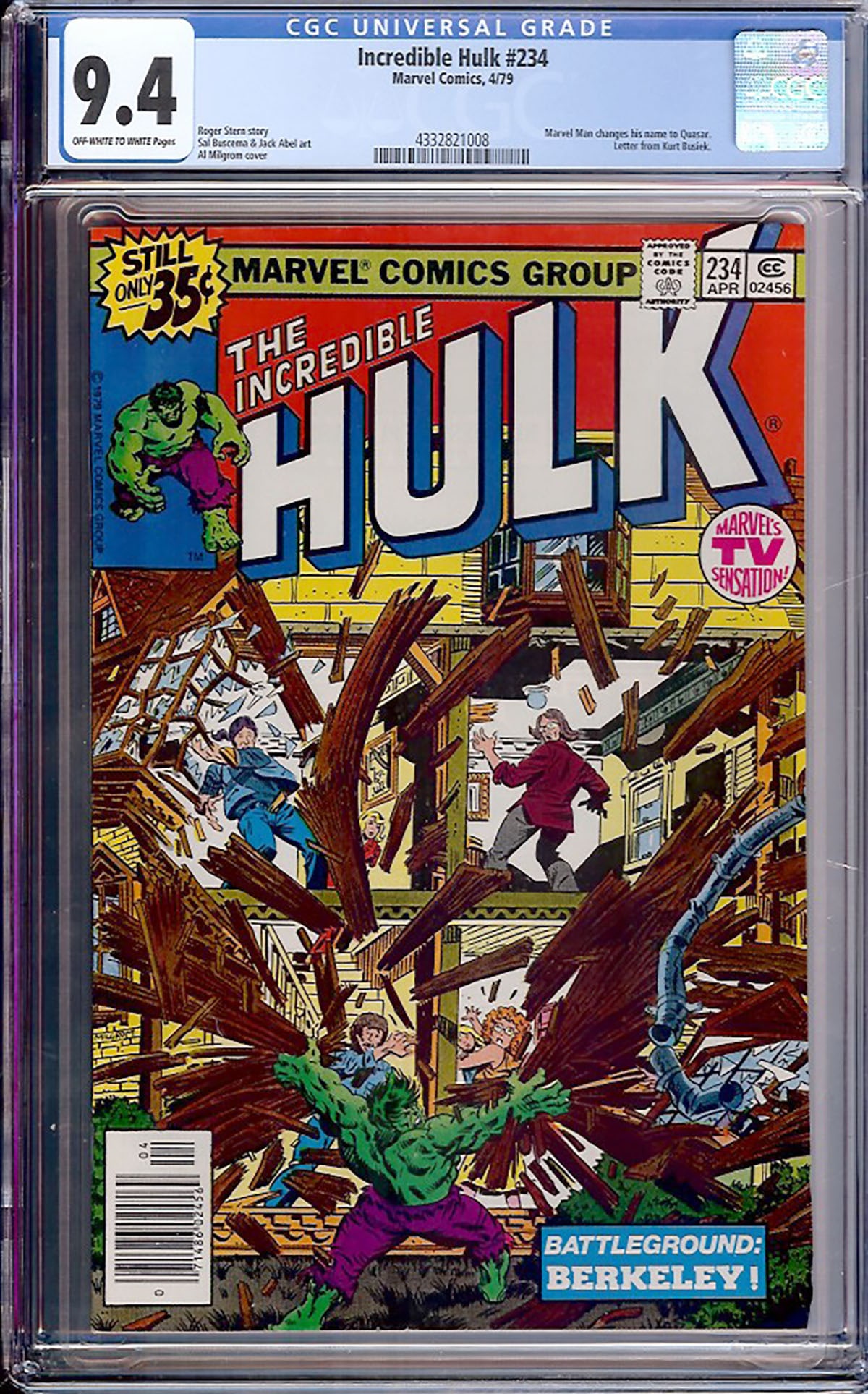 Incredible Hulk #234 (Marvel, 1979) CGC 9.4 Off-White to White Pages: Incredible Hulk #234 features the noteworthy storyline in which Marvel Man officially changes his name to Quasar, marking an important moment in Marvel continuity. Written by Roger Stern with artwork