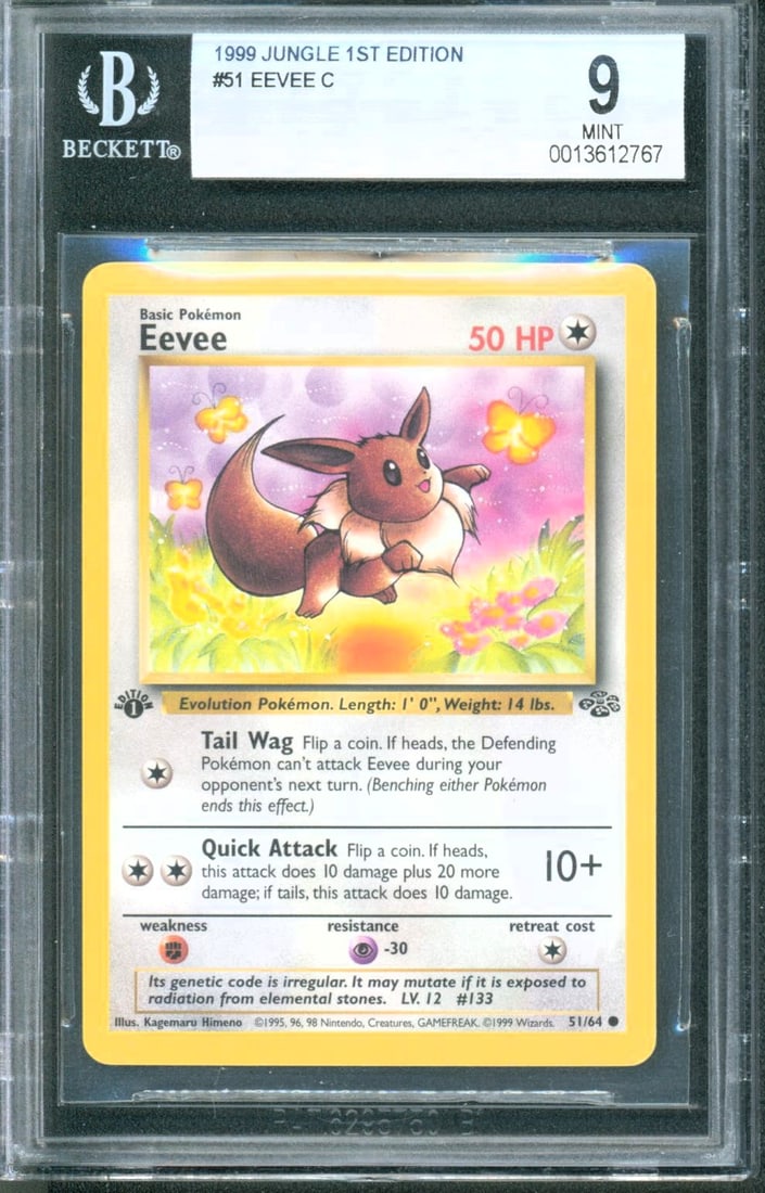 Eevee #51 (Jungle 1st Edition, 1999) BGS 9: Eevee #51 from the 1999 Pokémon Jungle 1st Edition set is a standout vintage non-holo card featuring one of the franchise’s most collectible evolutionary Pokémon. Jungle was the