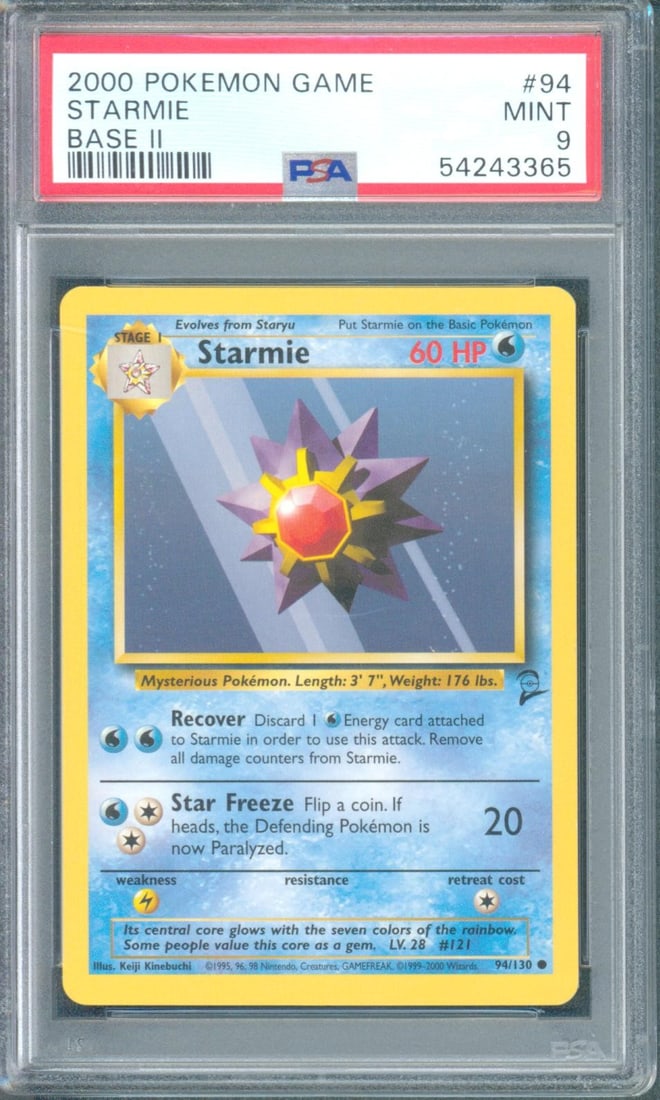Starmie #94 (Base Set 2, 2000) PSA 9: Starmie #94 from the 2000 Pokémon Base Set 2 release is a vintage Wizards of the Coast era card tied to the earliest years of English Pokémon collecting. Base Set 2 combined selections from 