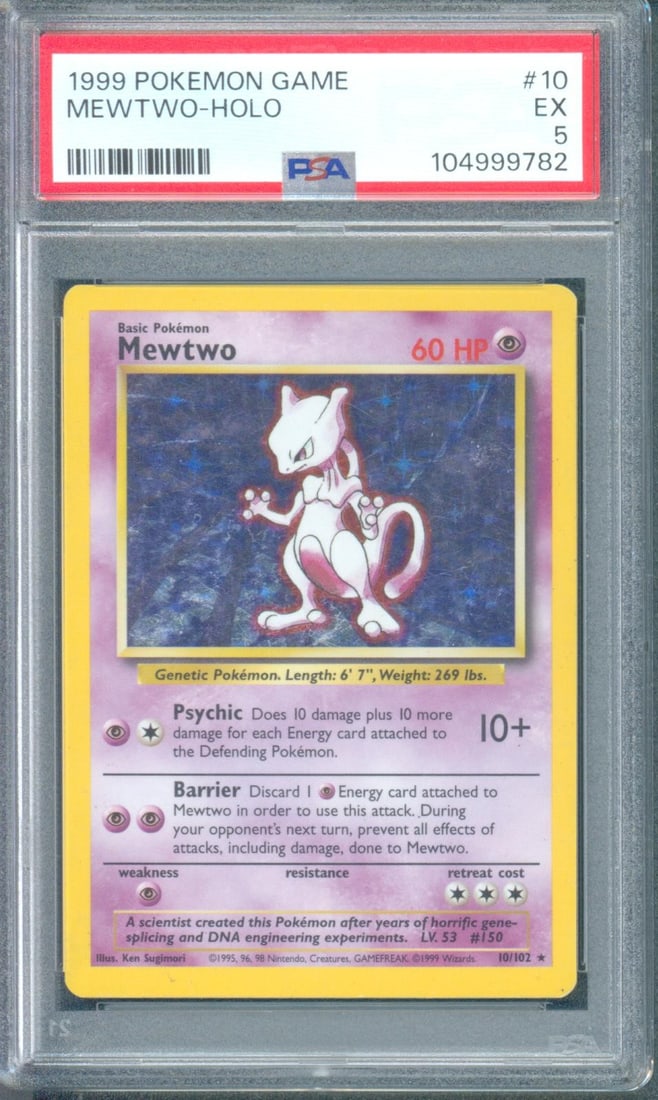 Mewtwo #10 (Base Set, 1999) PSA 5: Mewtwo #10 from the 1999 Pokémon Base Set is one of the iconic original holo cards from the launch-era English Pokémon release. As a major legendary Pokémon and central figure in