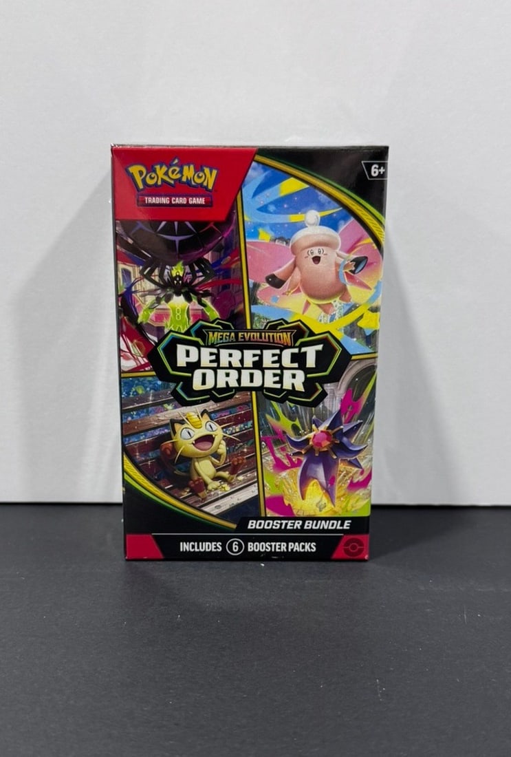 Pokémon Mega Evolution: Perfect Order Booster Bundle (Factory Sealed): Factory-sealed Pokémon Trading Card Game Mega Evolution: Perfect Order Booster Bundle containing six sealed booster packs. Released as part of the Mega Evolution era, this bundle offers