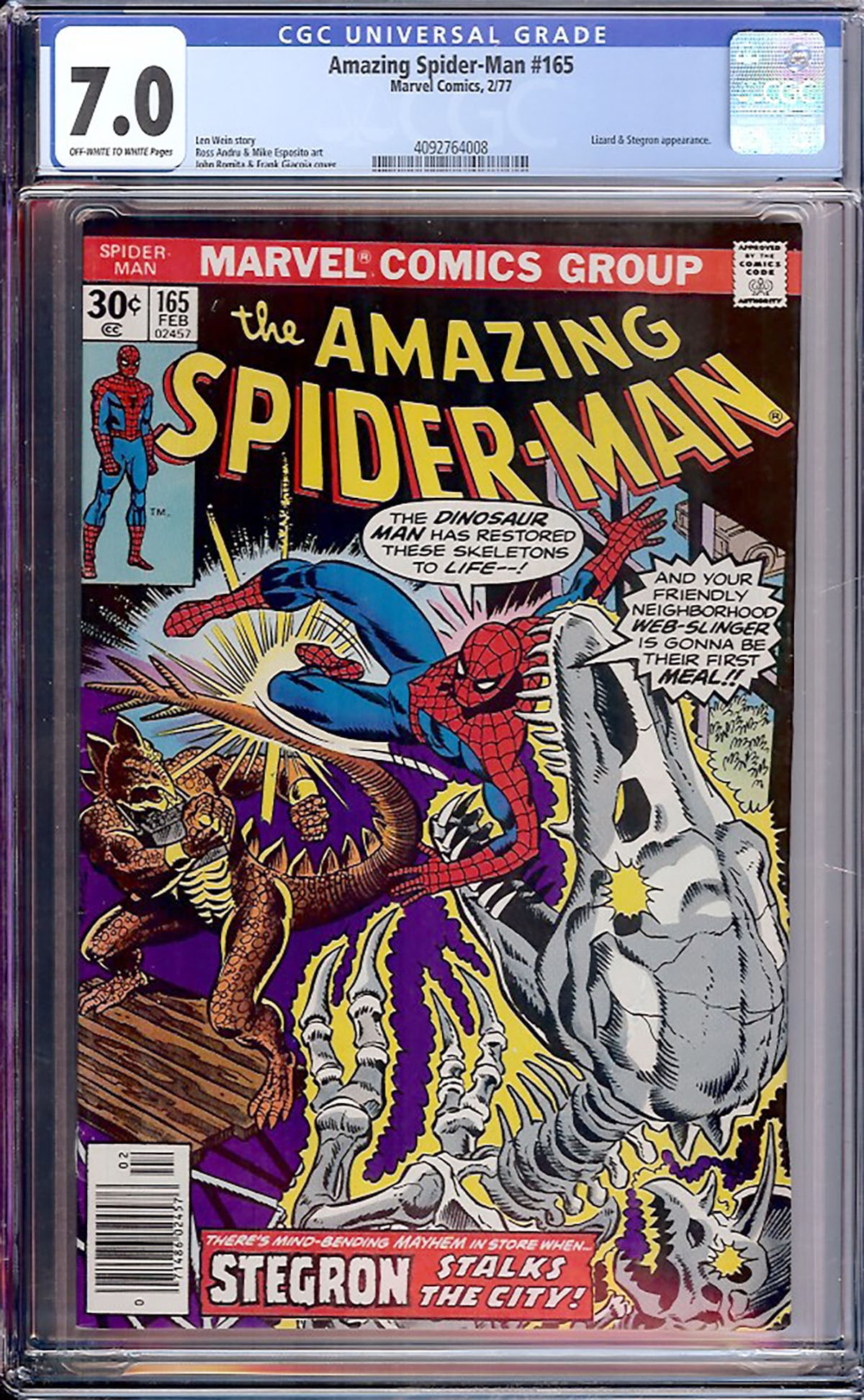 Amazing Spider-Man #165 (Marvel) CGC 7.0: Amazing Spider-Man #165 features the return of the Lizard and Stegron in another memorable chapter of their Bronze Age rivalry with Spider-Man. Written by Len Wein with artwork by Ross Andru, the