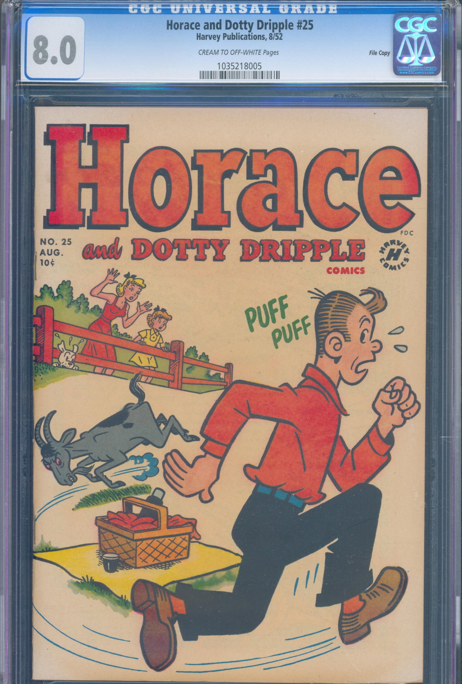 Horace and Dotty Dripple #25 (Harvey, 1952) CGC 8.0: Horace and Dotty Dripple #25 is a scarce Golden Age Harvey humor comic featuring the lovable comedic couple in another lighthearted adventure. This File Copy pedigree is exceptionally well preserved, 