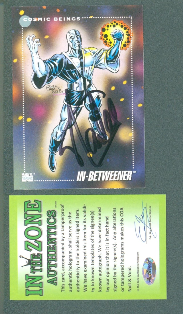 1992 Marvel Universe Series 3 In-Betweener Trading Card – Stan Lee Autograph: Offered is a 1992 Marvel Universe Series 3 trading card featuring In-Betweener, one of Marvel's powerful cosmic entities. This example has been hand-signed by Stan Lee, the legendary Marvel writer,