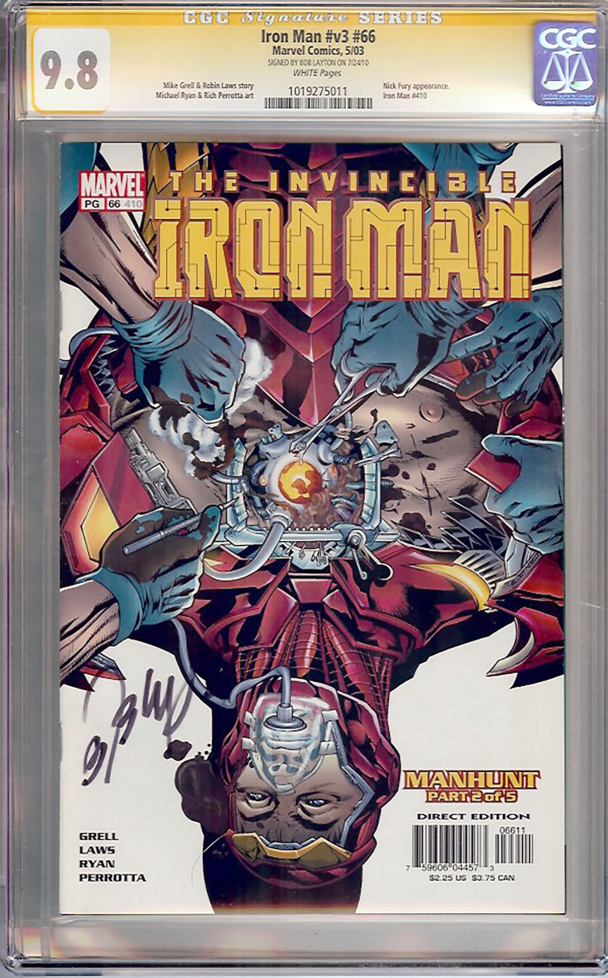Iron Man (Vol. 3) #66 (Marvel, 2003) CGC Signature Series 9.8: This exceptional copy has been professionally graded CGC Signature Series 9.8 (White Pages) and is signed by legendary Iron Man writer and artist Bob Layton. According to the label and available censu