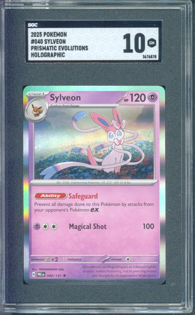 Sylveon #040.1 (Prismatic Evolutions, 2025) SGC 10: Sylveon #040.1 from Pokémon Scarlet & Violet: Prismatic Evolutions is a modern Eeveelution card tied to one of the franchise’s most collector-friendly character groups. Sylveon has become