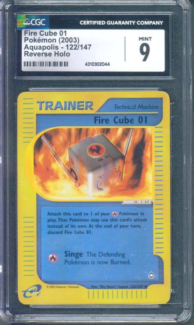 Fire Cube 01 #122 (Aquapolis Reverse Foil, 2003) CGC 9: Fire Cube 01 #122 from the 2003 Pokémon e-Card Series Aquapolis set is a Reverse Foil Trainer card from one of the most distinctive and increasingly collectible eras of the Pokémon TCG.