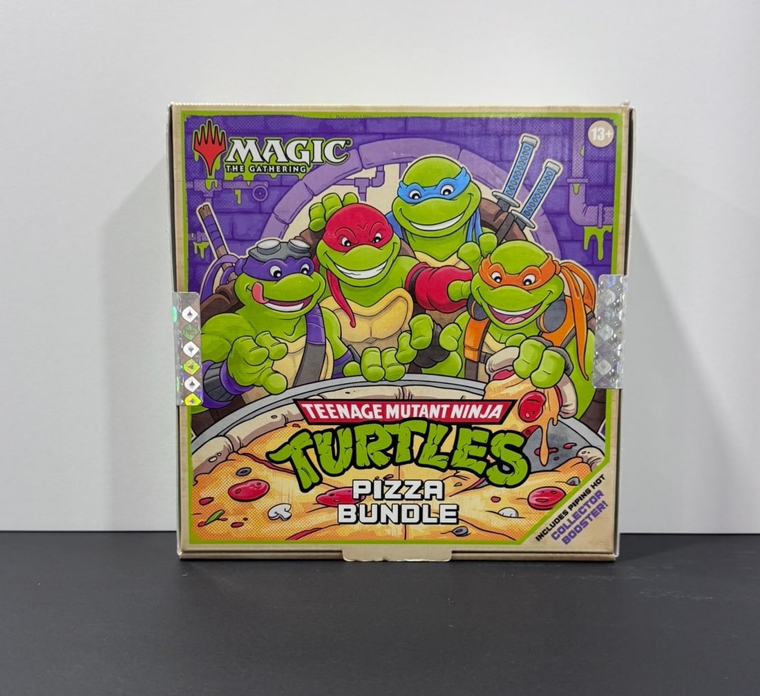 Magic: The Gathering x Teenage Mutant Ninja Turtles Pizza Bundle (Factory Sealed): Factory-sealed Magic: The Gathering x Teenage Mutant Ninja Turtles Pizza Bundle, a premium release from Wizards of the Coast's Universes Beyond collaboration with Nickelodeon's iconic Heroes in a