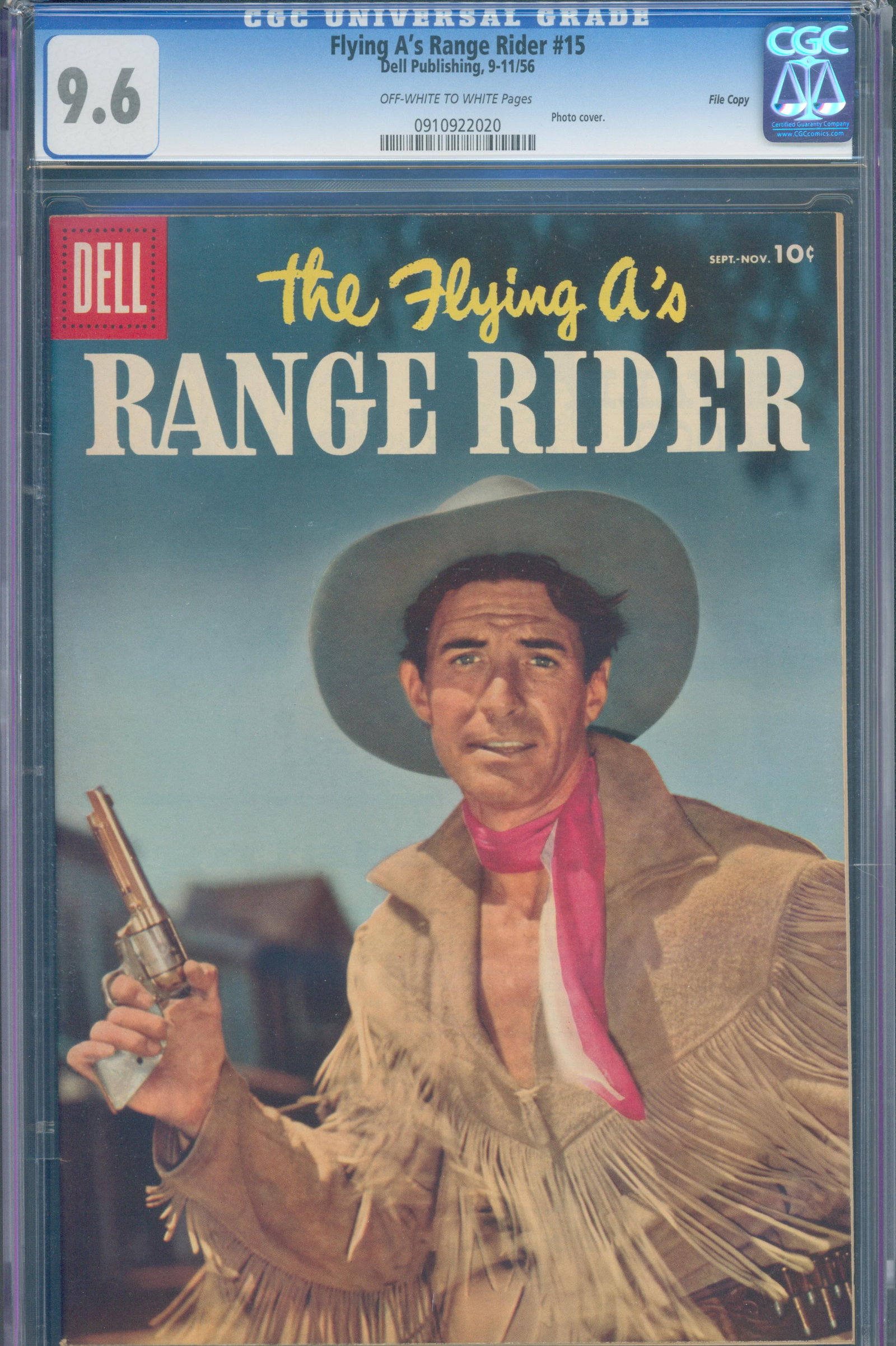 The Flying A's Range Rider #15 (Dell, 1956) CGC 9.6 File Copy: The Flying A's Range Rider #15 published by Dell Comics in 1956 and graded CGC 9.6 File Copy with Off-White to White pages. Featuring a striking photo cover based on the popular television western,