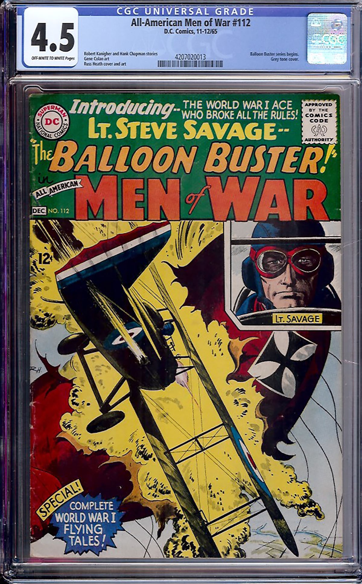 All-American Men of War #112 (DC, 1965) CGC 4.5: Published in November–December 1965, All-American Men of War #112 marks the first appearance of Lt. Steve Savage, the Balloon Buster, beginning one of DC's most recognizable World War I features
