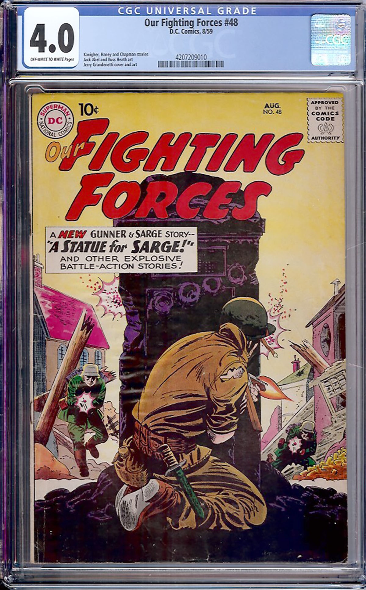 Our Fighting Forces #48 (DC, 1959) CGC 4.0: Published in August 1959, Our Fighting Forces #48 features Gunner and Sarge stories by Robert Kanigher, Bob Haney, and Hank Chapman, with artwork by Jack Abel and Jerry Grandenetti. Professionally gra