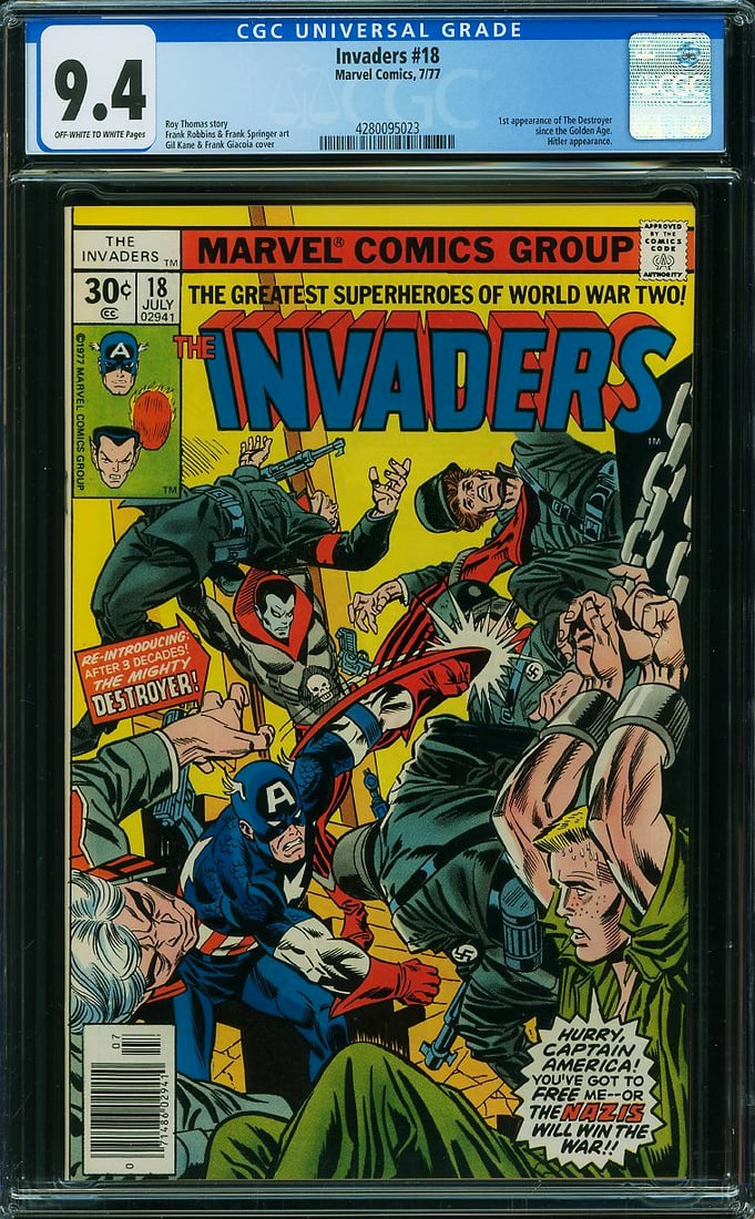 Invaders #18 (Marvel, 1977) CGC 9.4 Off-White to White Pages: A key Bronze Age issue featuring the first appearance of the Destroyer since the Golden Age along with a rare Hitler appearance. Written by Roy Thomas with artwork by Frank Robbins, this issue is one