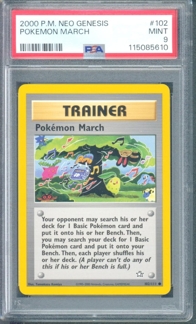 Pokemon March #102 (Neo Genesis, 2000) PSA 9: Pokémon March #102 from the 2000 Pokémon Neo Genesis set is a vintage Wizards of the Coast era Trainer card from the first English expansion to introduce Generation II Pokémon. Neo