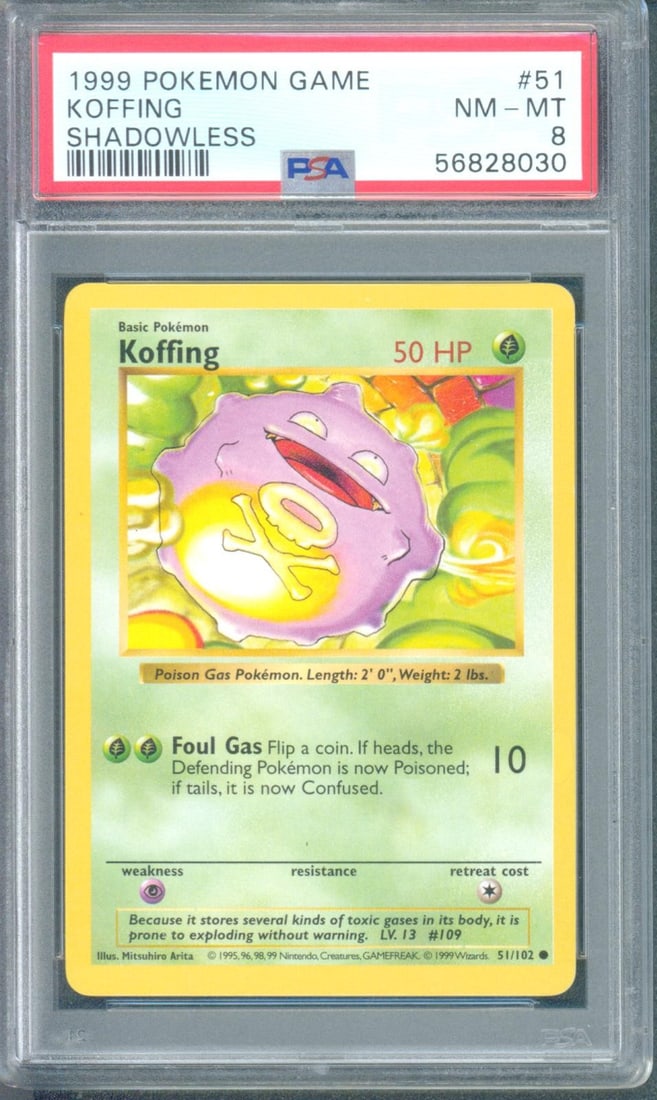 Koffing #51 (Base Set Shadowless, 1999) PSA 8: Koffing #51 from the 1999 Pokémon Base Set Shadowless print run is a vintage card from one of the most important early English Pokémon releases. Shadowless cards are highly collected