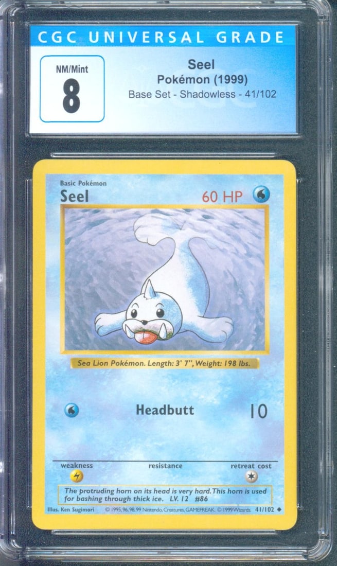 Seel #41 (Base Set Shadowless, 1999) CGC 8: Seel #41 from the 1999 Pokémon Base Set Shadowless print run is a vintage early English Pokémon card with meaningful variant appeal. Shadowless Base Set cards remain a major collecting lane 