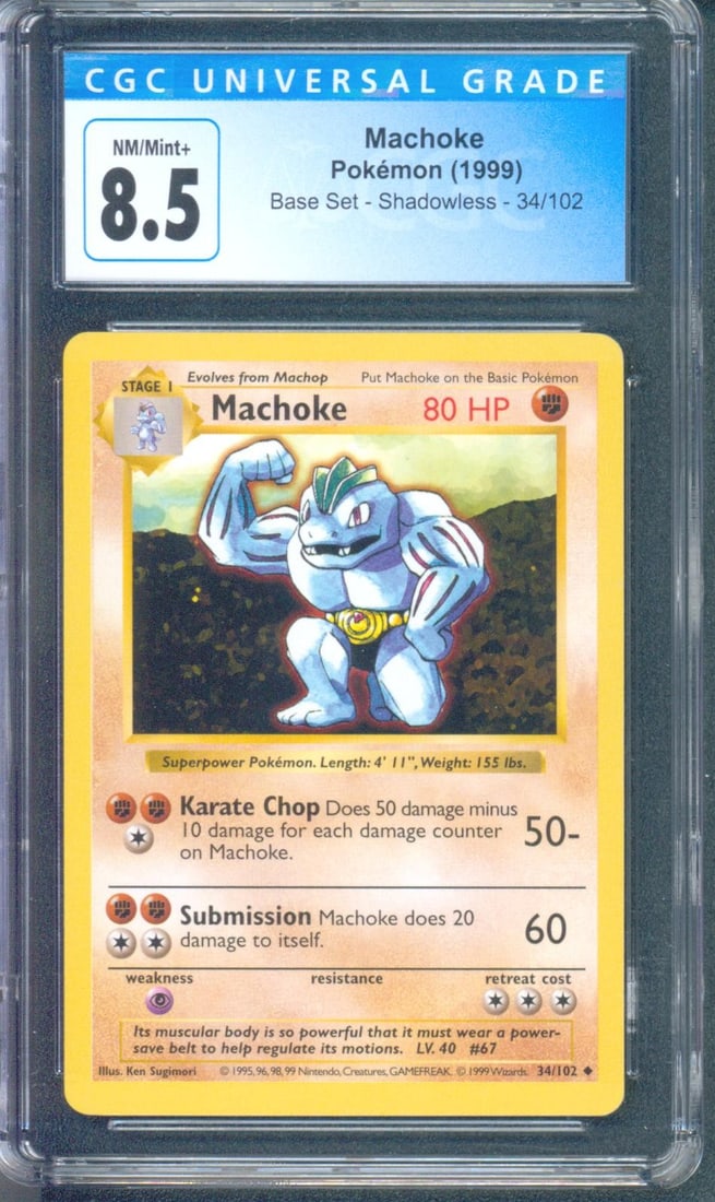 Machoke #34 (Base Set Shadowless, 1999) CGC 8.5: Machoke #34 from the 1999 Pokémon Base Set Shadowless print run is a strong vintage card from the earliest English Pokémon era. Shadowless cards are widely collected because they represent