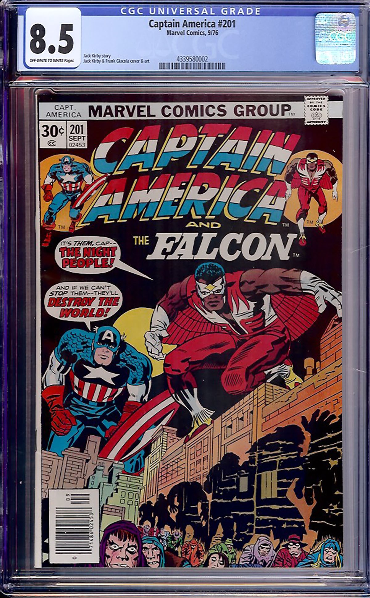 Captain America #201 (Marvel, 1976) CGC 8.5: Captain America #201 features Captain America and the Falcon confronting the mysterious Night People in a classic Bronze Age adventure written and illustrated by Jack Kirby during his celebrated