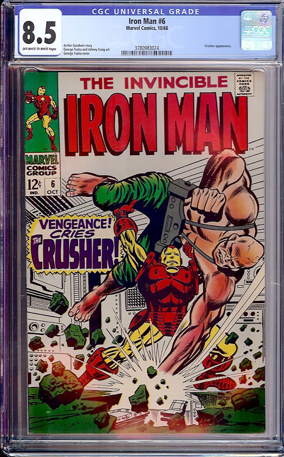 Iron Man #6 (Marvel, 1968) CGC 8.5 Off-White to White Pages: An early Silver Age Iron Man issue featuring the Crusher. Written by Archie Goodwin with artwork by George Tuska, this issue comes from the highly collectible early portion of Iron Man's solo title.