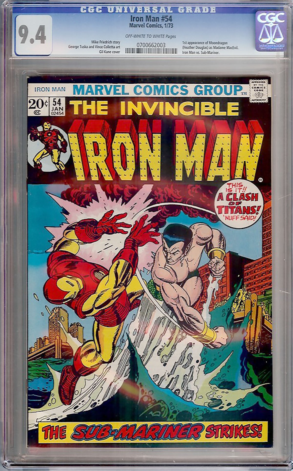 Iron Man #54 (Marvel, 1973) CGC 9.4 - MAJOR KEY: A major Bronze Age key featuring the first appearance of Moondragon (Heather Douglas), Madame MacEvil, and the first battle between Iron Man and Sub-Mariner. Written by Mike Friedrich with classic