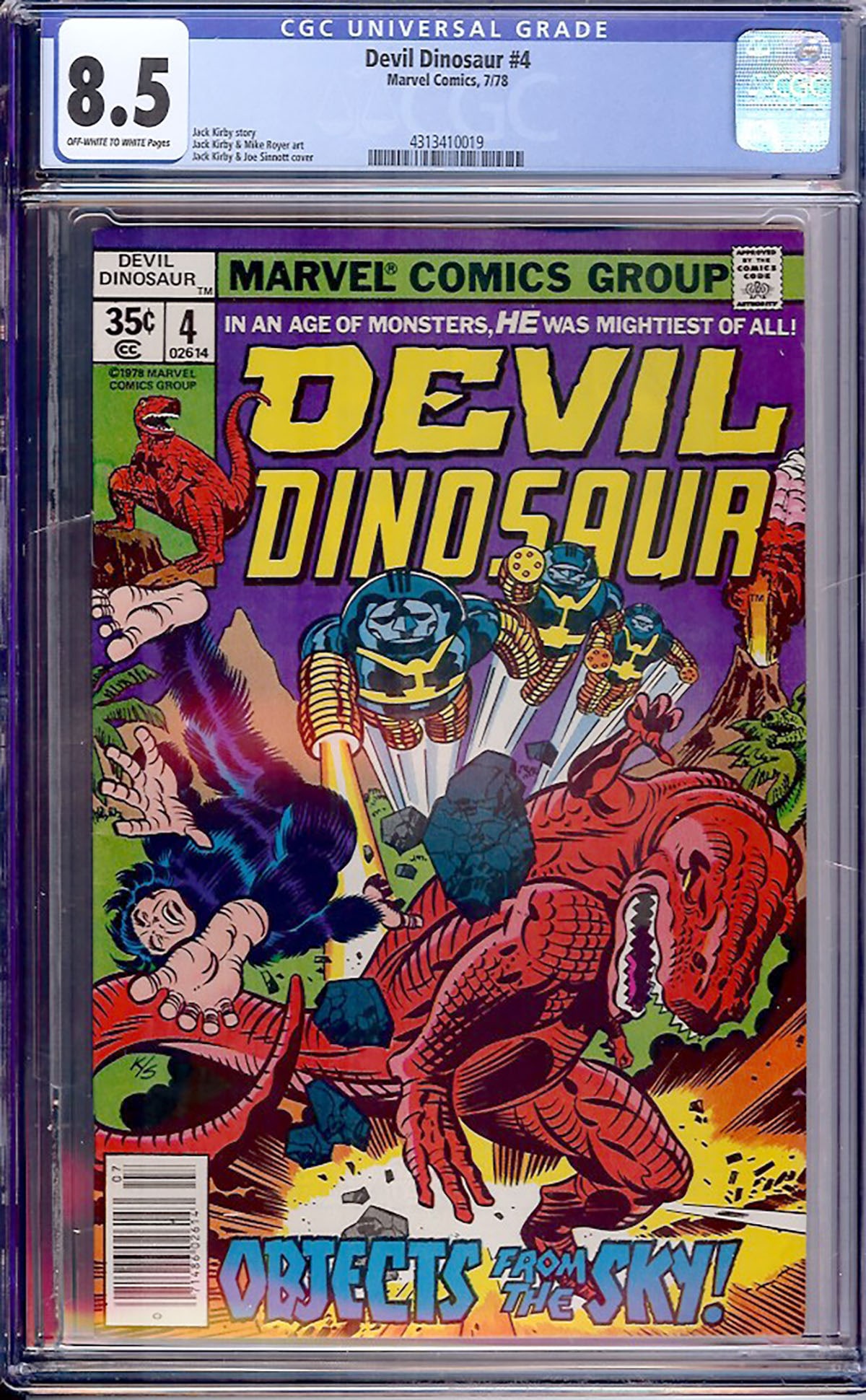 Devil Dinosaur #4 (Marvel, 1978) CGC 8.5: Devil Dinosaur #4 features another action-packed chapter from Jack Kirby's cult-classic Bronze Age series as Devil Dinosaur and Moon-Boy confront mysterious invaders from the sky. Kirby wrote,