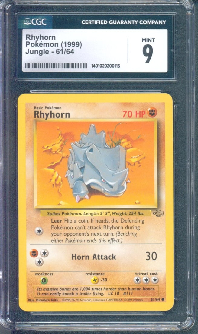 Rhyhorn #61 (Jungle, 1999) CGC 9: Rhyhorn #61 from the 1999 Pokémon Jungle set is a vintage Wizards of the Coast era card from the second English Pokémon expansion. Jungle introduced many additional first-generation Poké