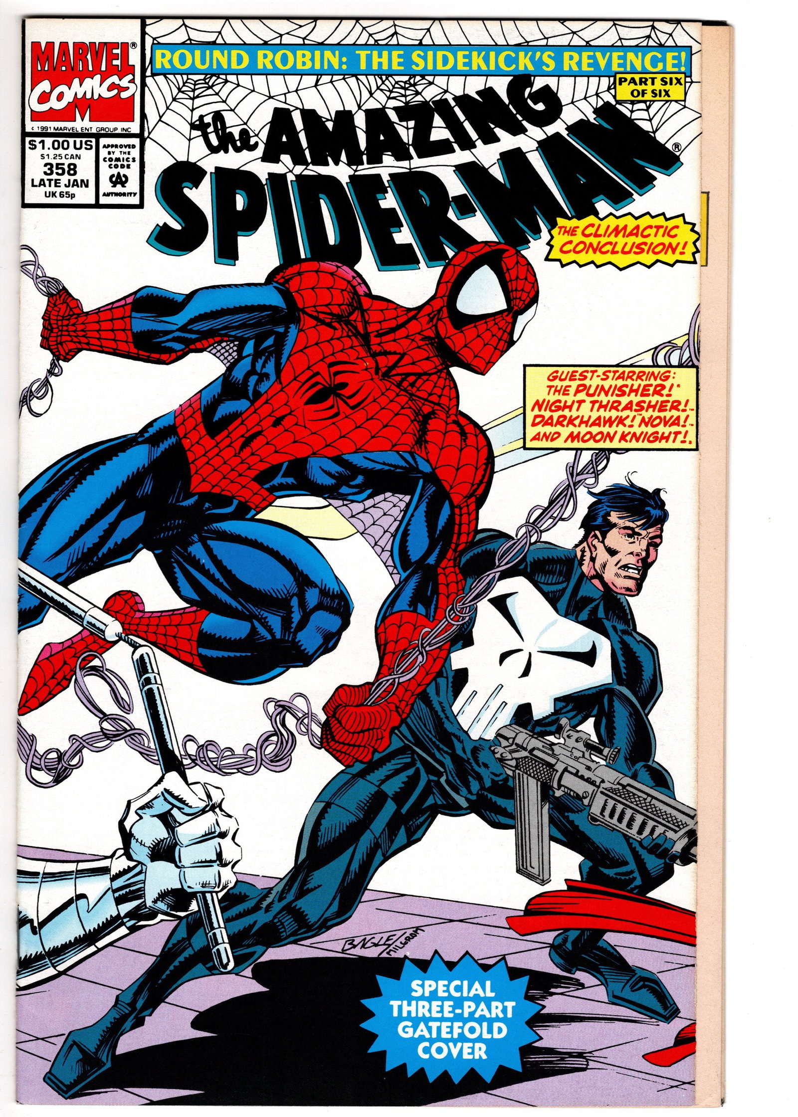 The Amazing Spider-Man #358 (Marvel, 1992): The Amazing Spider-Man #358 concludes the acclaimed "Round Robin: The Sidekick's Revenge!" crossover, bringing together Spider-Man with Punisher, Moon Knight, Nova, Darkhawk, Night Thrasher, and