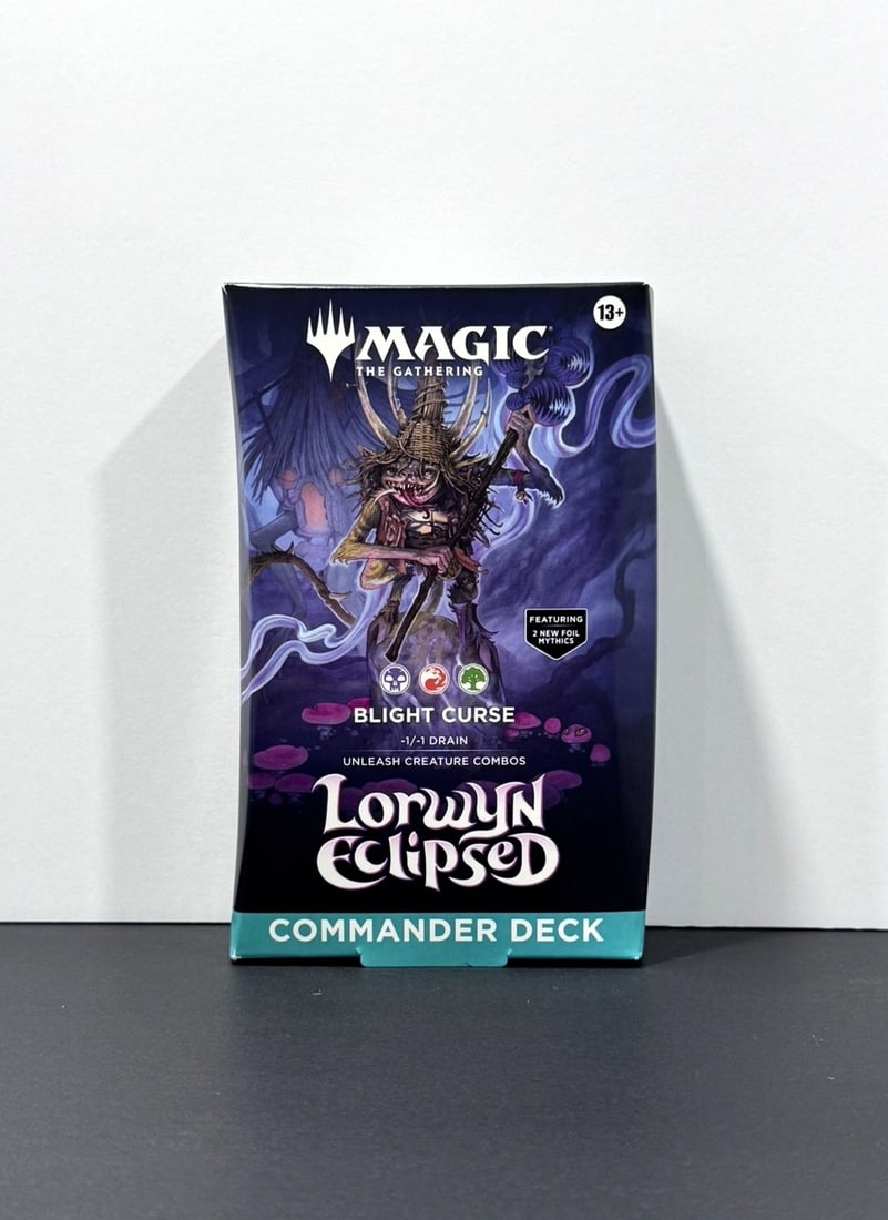 Magic: The Gathering Lorwyn Eclipsed "Blight Curse" Commander Deck – Sealed: Factory-sealed Magic: The Gathering Lorwyn Eclipsed Commander Deck featuring the Blight Curse (-1/-1 Drain) theme. Includes a ready-to-play 100-card Commander deck with exclusive cards and new foil