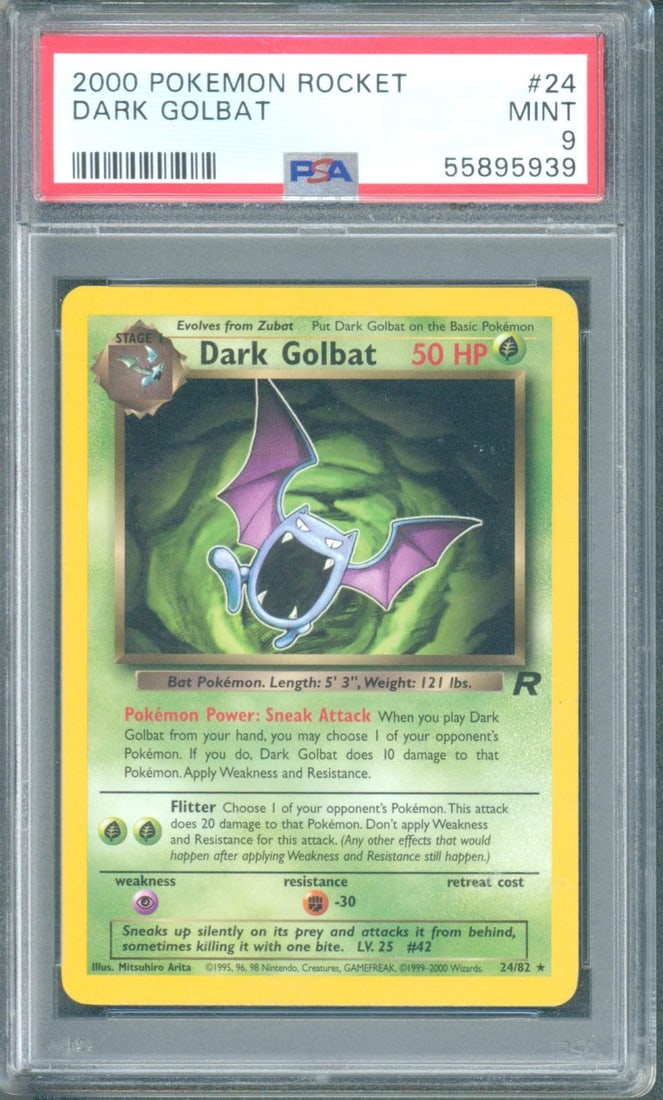 Dark Golbat #24 (Team Rocket, 2000) PSA 9: Dark Golbat #24 from the 2000 Pokémon Team Rocket set is a vintage Wizards of the Coast era card tied to one of the most popular early expansion themes. Team Rocket introduced the