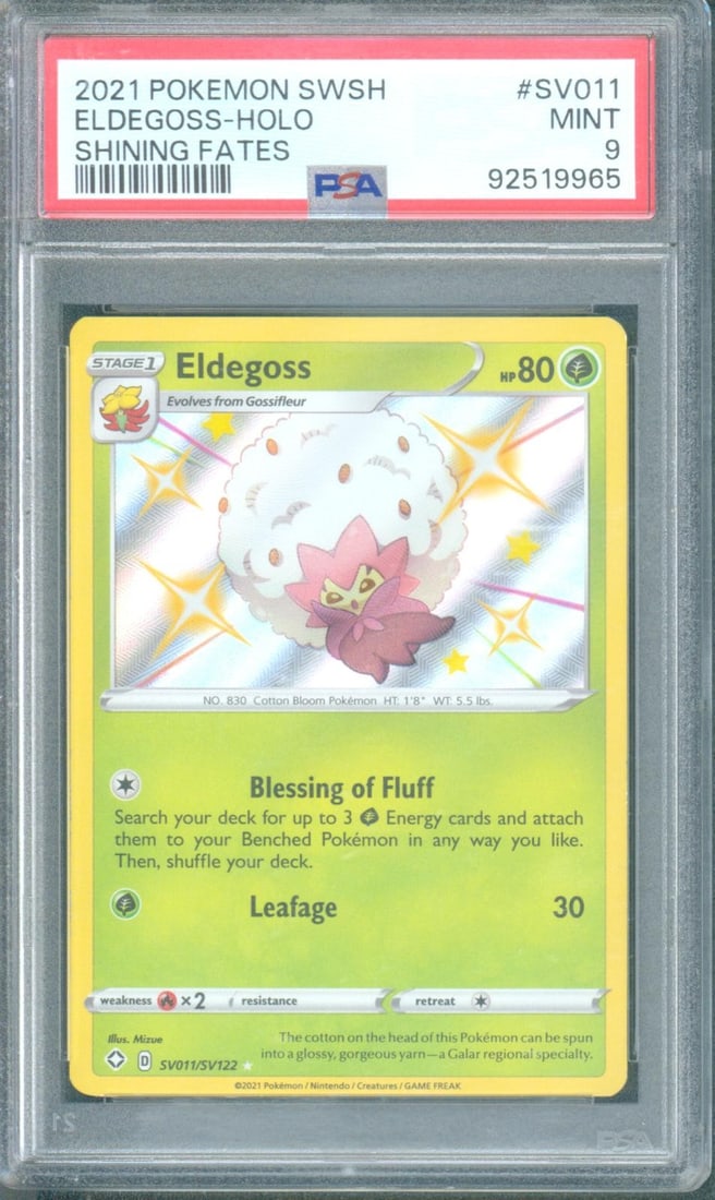 Eldegoss SV011 (Shining Fates Shiny Vault, 2021) PSA 9: Eldegoss SV011 from the 2021 Pokémon Sword & Shield: Shining Fates Shiny Vault subset is a modern shiny Pokémon card from one of the most collector-oriented Sword & Shield releases. Shining