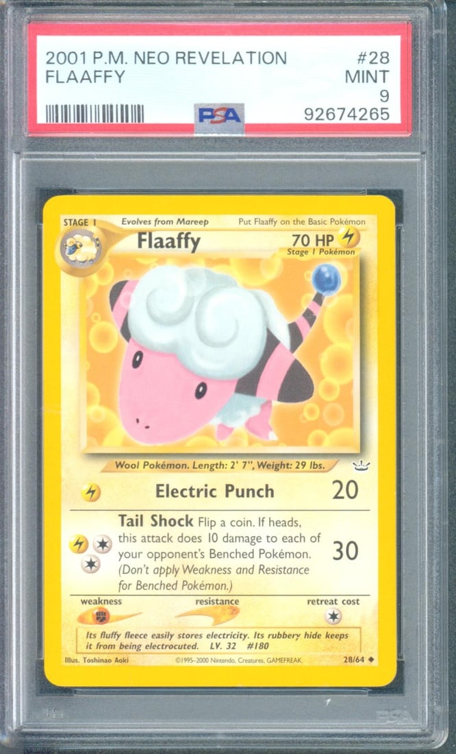 Flaaffy #28 (Neo Revelation, 2001) PSA 9: Flaaffy #28 from the 2001 Pokémon Neo Revelation set is a vintage Wizards of the Coast era card from the Johto-focused Neo block. Neo Revelation is known for continuing the introduction of Genera
