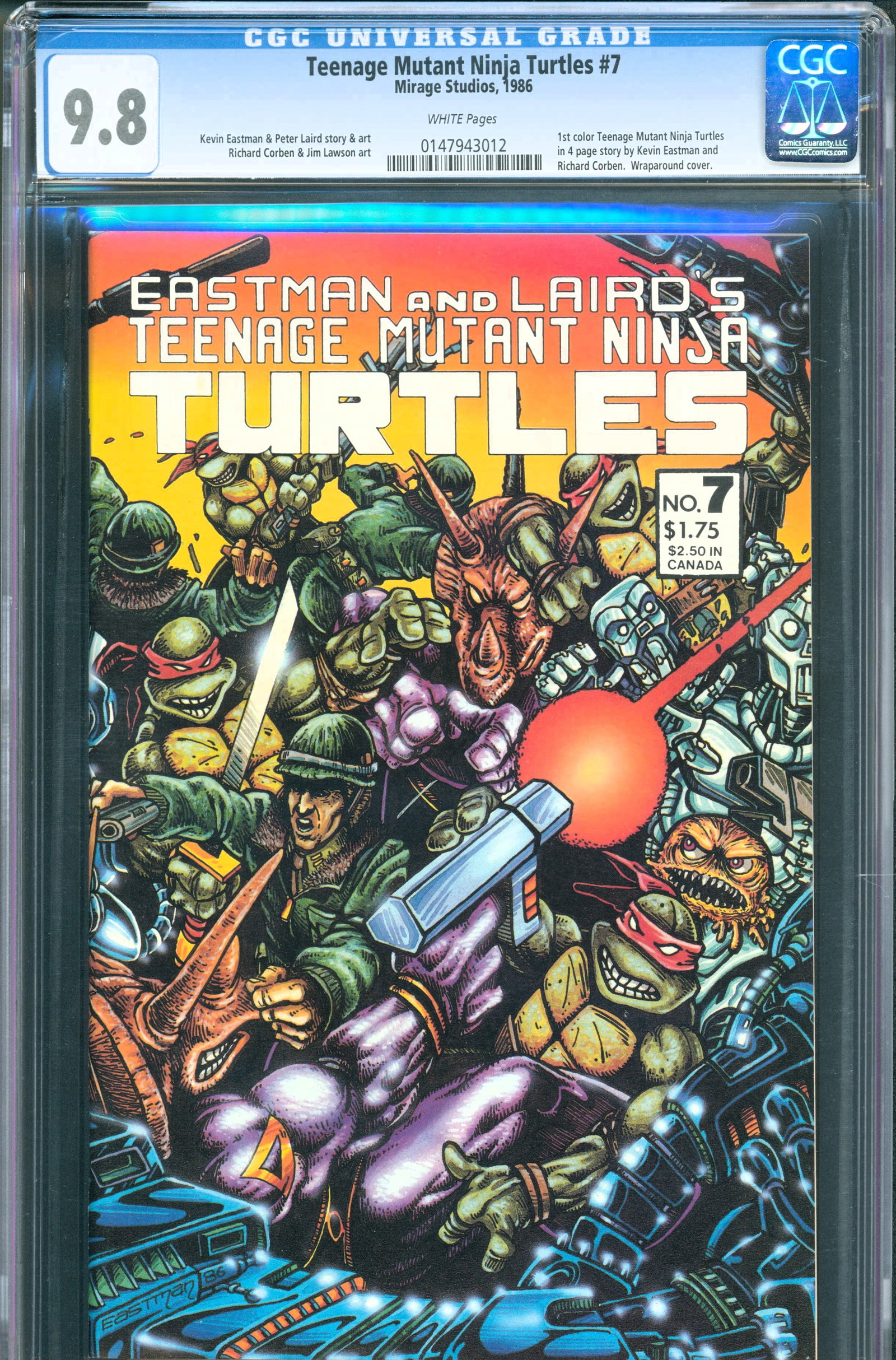 Teenage Mutant Ninja Turtles #7 (Mirage Studios, 1986) CGC 9.8: Published in 1986, Teenage Mutant Ninja Turtles #7 is one of the most important issues of the original Mirage Studios run, featuring the first color Teenage Mutant Ninja Turtles story in a four-page