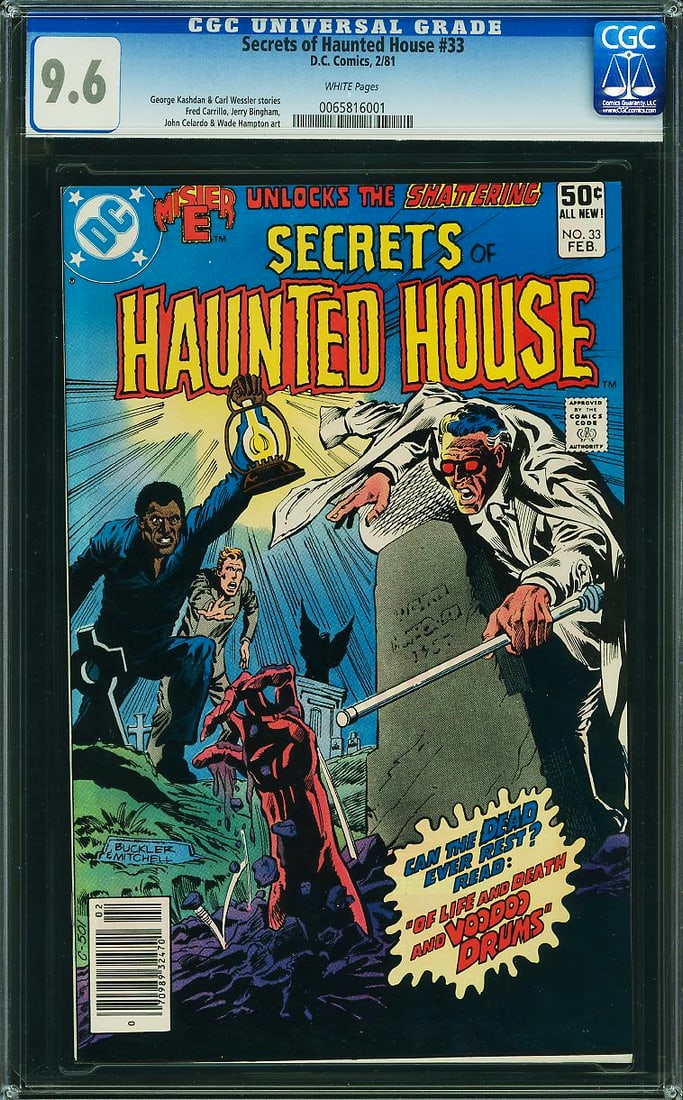 Secrets of Haunted House #33 (DC, 1980) CGC 9.6: Secrets of Haunted House #33 features another striking Bronze Age horror cover highlighted by voodoo imagery, a cemetery setting, and the mysterious Mister E. These atmospheric horror covers have