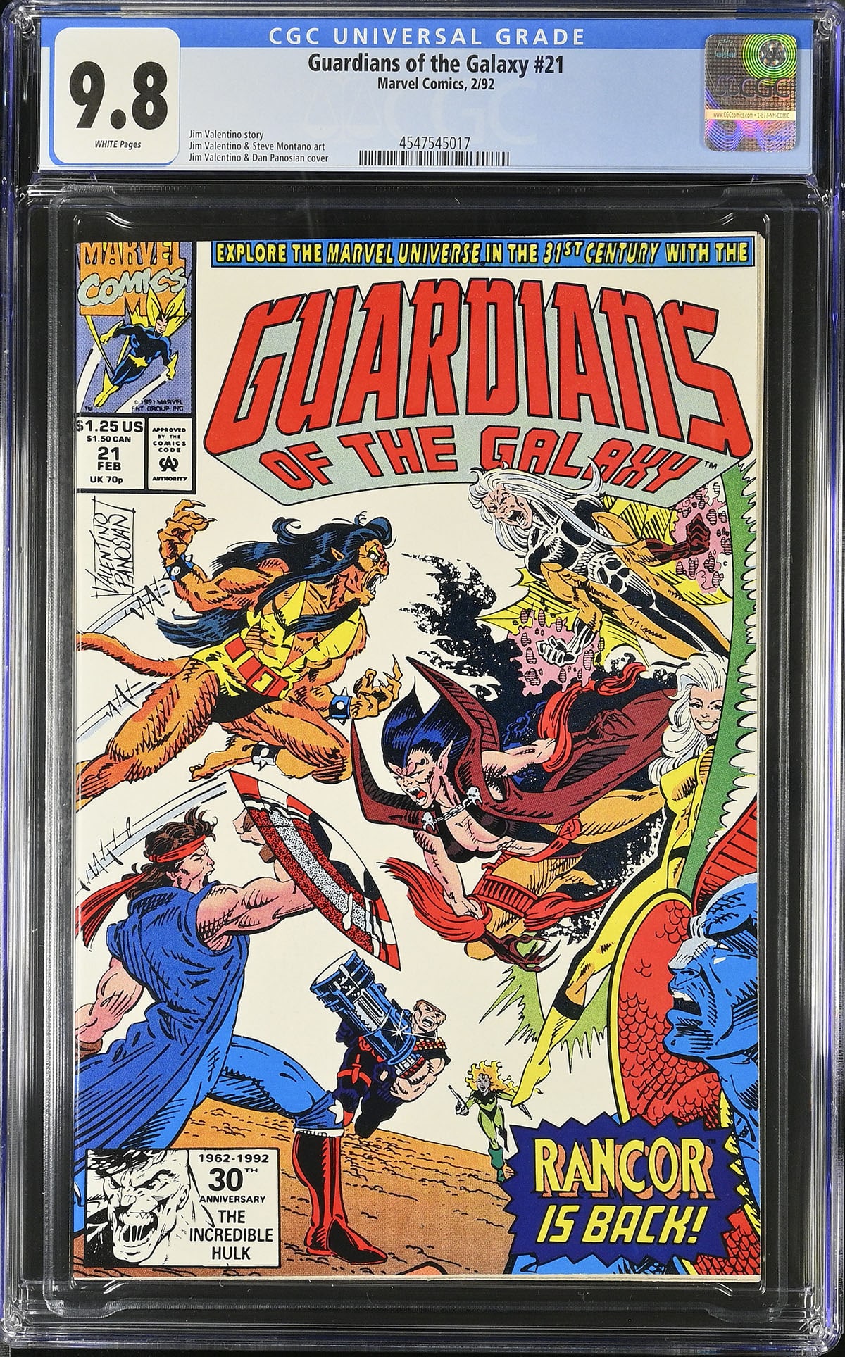 Guardians of the Galaxy #21 (Marvel, 1992) CGC 9.8 – Highest Graded: Guardians of the Galaxy #21 continues Jim Valentino's original Guardians saga set in Marvel's 31st Century and features the return of Rancor, a recurring adversary of the future Guardians. Written and